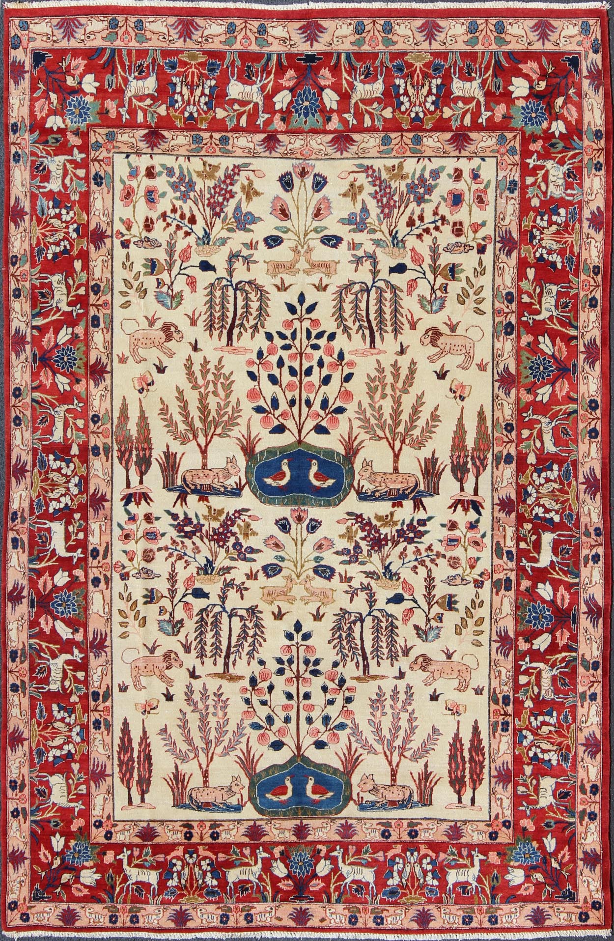 Keivan Woven Arts, 10 - 70716,Vintage Fine Isfahan Rug With Nature Motifs in Ivory, Blue, Brown & Red. Semi antique Persian Isfahan rug with nature motifs in ivory Blue, Brown and red, rug 10 - 70716, country of origin / type: Iran / Isfahan, circa 1950. ... - Keivan Woven Arts10 - 70716 - 2155Rug
