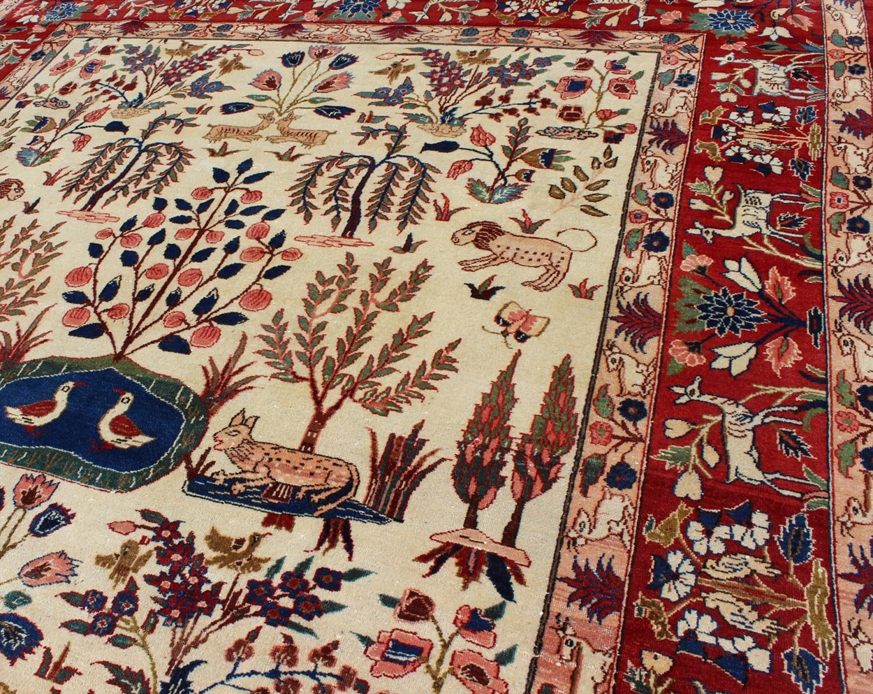 Keivan Woven Arts, 10 - 70716,Vintage Fine Isfahan Rug With Nature Motifs in Ivory, Blue, Brown & Red. Semi antique Persian Isfahan rug with nature motifs in ivory Blue, Brown and red, rug 10 - 70716, country of origin / type: Iran / Isfahan, circa 1950. ... - Keivan Woven Arts10 - 70716 - 2155Rug