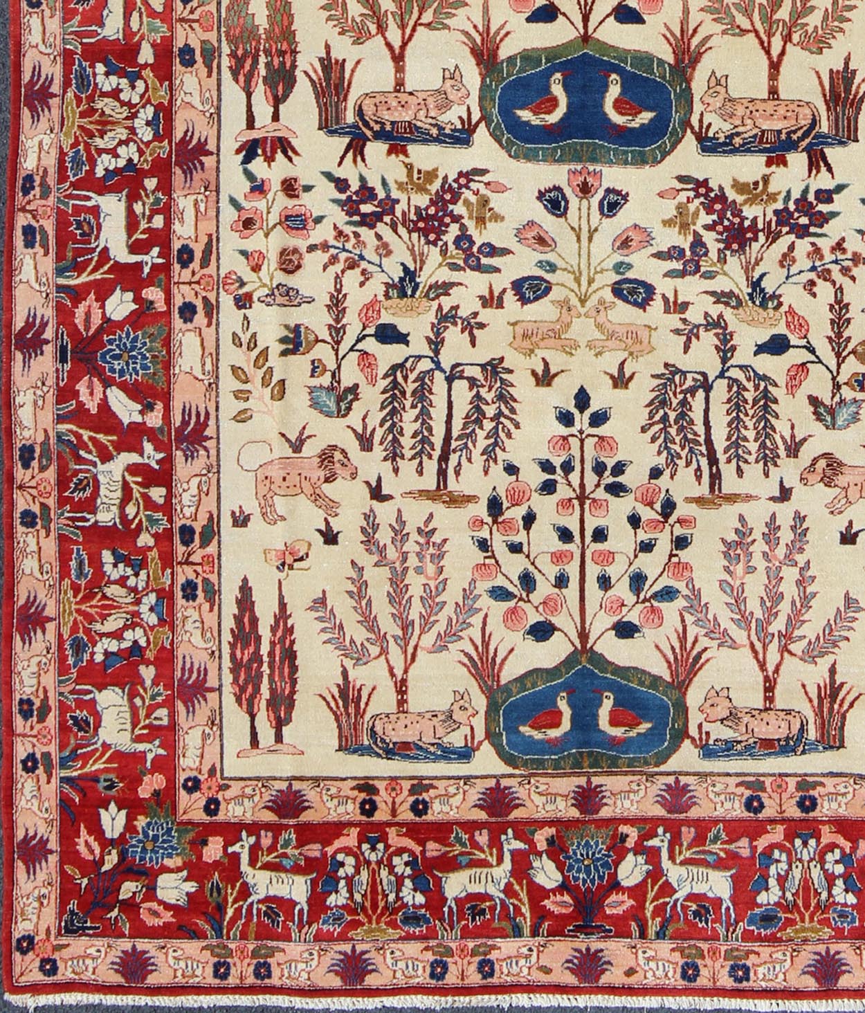 Keivan Woven Arts, 10 - 70716,Vintage Fine Isfahan Rug With Nature Motifs in Ivory, Blue, Brown & Red. Semi antique Persian Isfahan rug with nature motifs in ivory Blue, Brown and red, rug 10 - 70716, country of origin / type: Iran / Isfahan, circa 1950. ... - Keivan Woven Arts10 - 70716 - 2155Rug