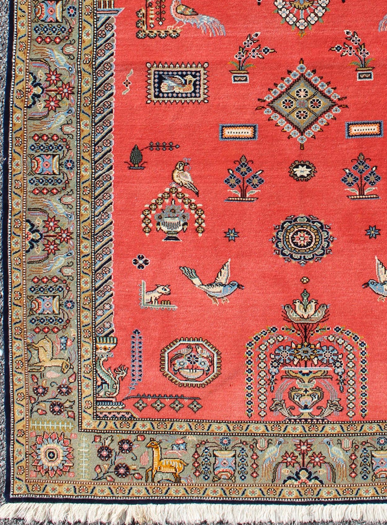 Vintage Fine Persian Qum Prayer Rug with soft Red Field and Tribal Motif Design. Vintage Fine Persian Qum Prayer Rug With Soft Red Field in Mihrab Design, Oum Rug, Prayer rug, kwarugs Vintage Persian Qum prayer rug with red field and tribal moti... - Keivan Woven Arts10 - KE - 307 - 1104Rug