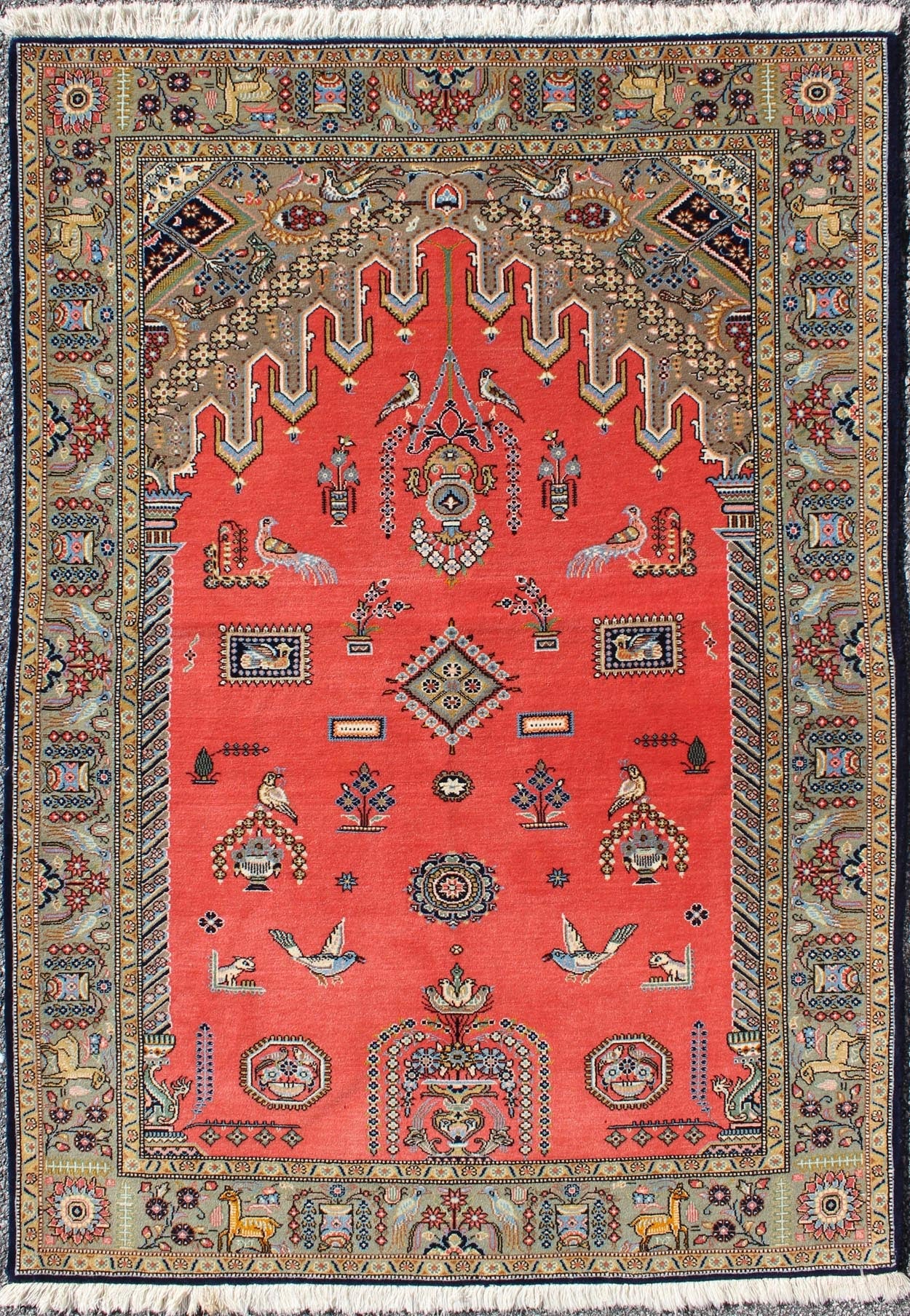 Vintage Fine Persian Qum Prayer Rug with soft Red Field and Tribal Motif Design. Vintage Fine Persian Qum Prayer Rug With Soft Red Field in Mihrab Design, Oum Rug, Prayer rug, kwarugs Vintage Persian Qum prayer rug with red field and tribal moti... - Keivan Woven Arts10 - KE - 307 - 1104Rug