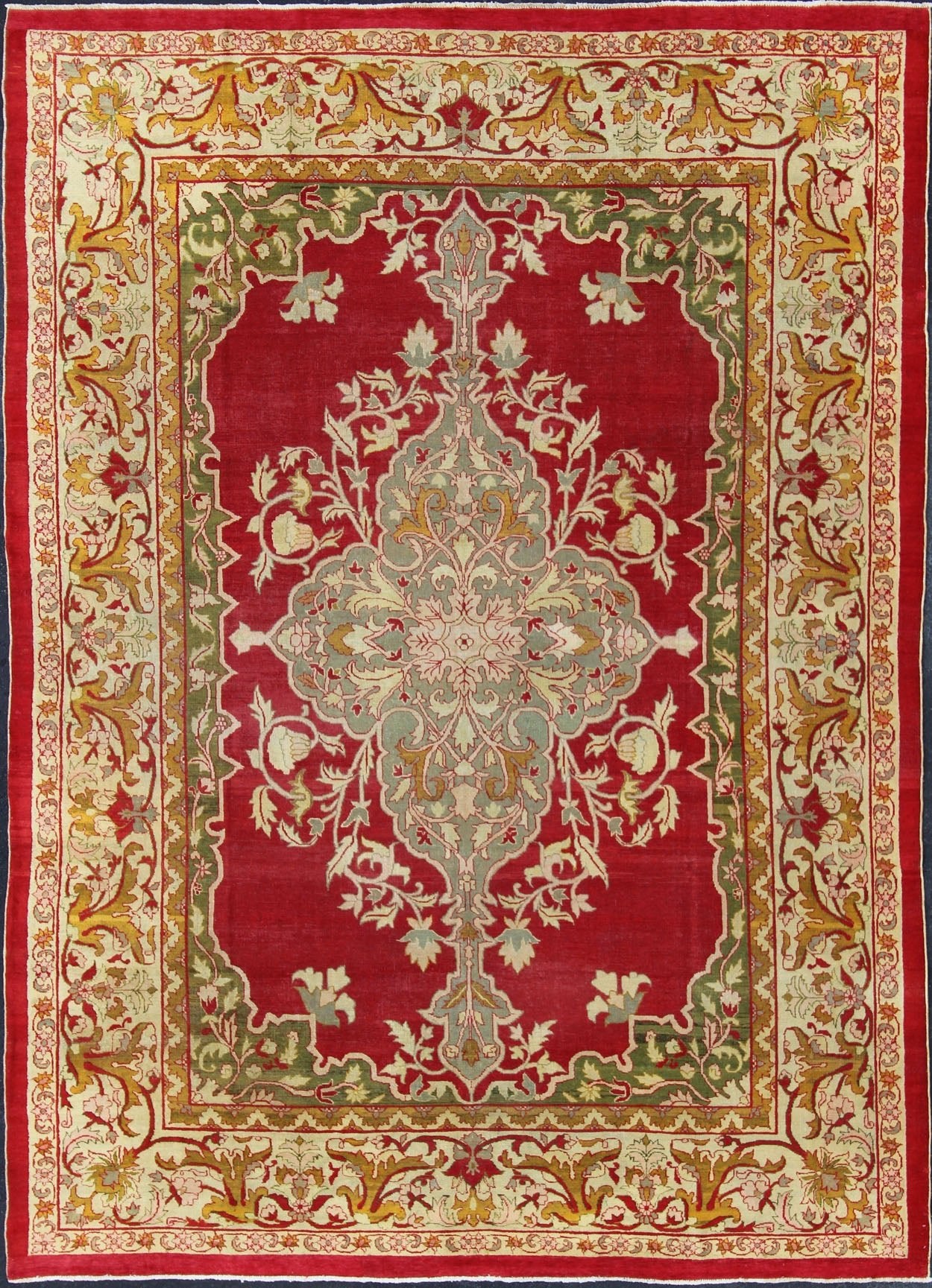 Indian Agra Antique Rug with Center Medallion in Green, Red, and Gold Colors. Keivan Woven Arts / 11 - 90208, circa 1910, Early 20 - th Century Indian Agra This outstanding Agra rug from the late 19th Century, with its bold design and color comb... - Keivan Woven Arts11 - 90208 - 151Rug