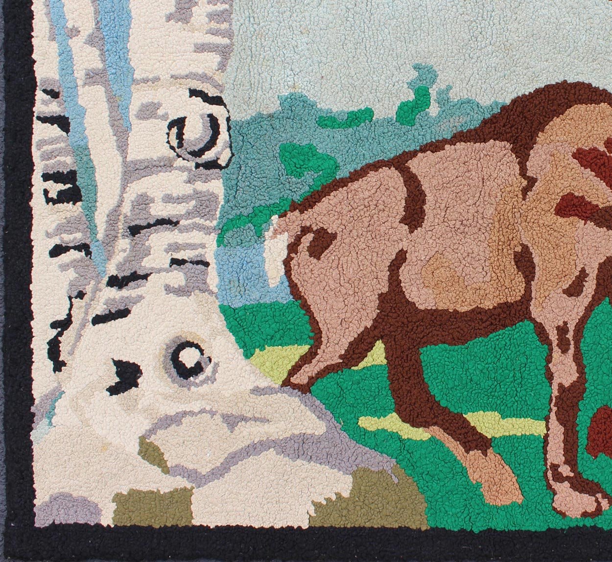 Vintage American Hooked Rug with a Bull Elk and Aspen Trees American Hooked rug vintage featuring a Elk in the high mountains, rug 13 - 0403, country of origin / type: United States / Hooked, circa 1940 The Hooked Rug depicts the Elk, Aspe... - Keivan Woven Arts13 - 0403 - 4192Rug