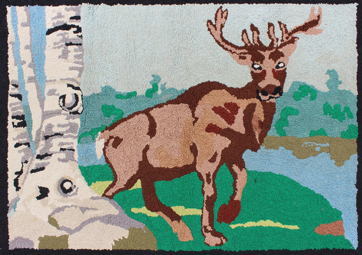 Vintage American Hooked Rug with a Bull Elk and Aspen Trees American Hooked rug vintage featuring a Elk in the high mountains, rug 13 - 0403, country of origin / type: United States / Hooked, circa 1940 The Hooked Rug depicts the Elk, Aspe... - Keivan Woven Arts13 - 0403 - 4192Rug