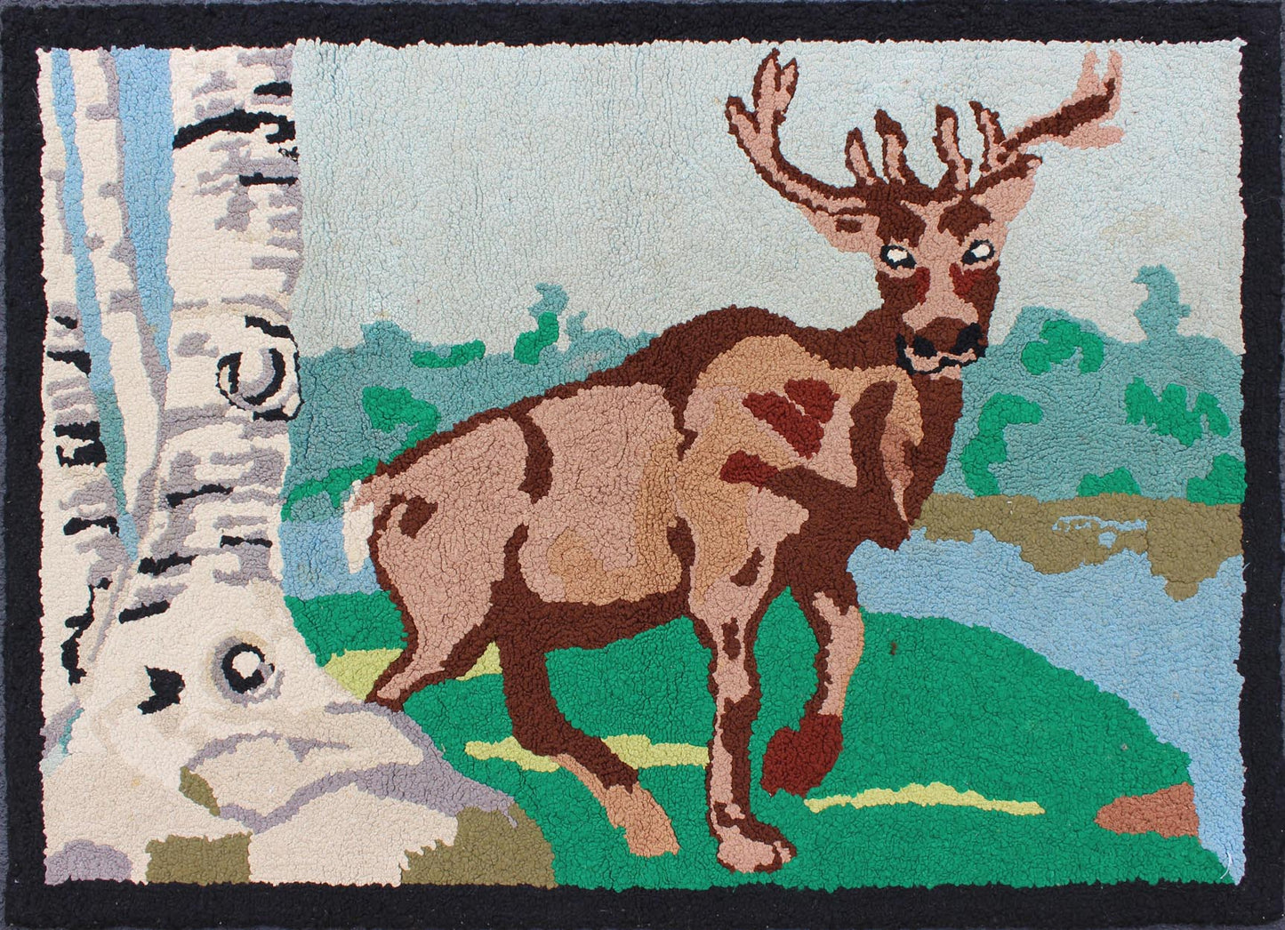 Vintage American Hooked Rug with a Bull Elk and Aspen Trees American Hooked rug vintage featuring a Elk in the high mountains, rug 13 - 0403, country of origin / type: United States / Hooked, circa 1940 The Hooked Rug depicts the Elk, Aspe... - Keivan Woven Arts13 - 0403 - 4192Rug