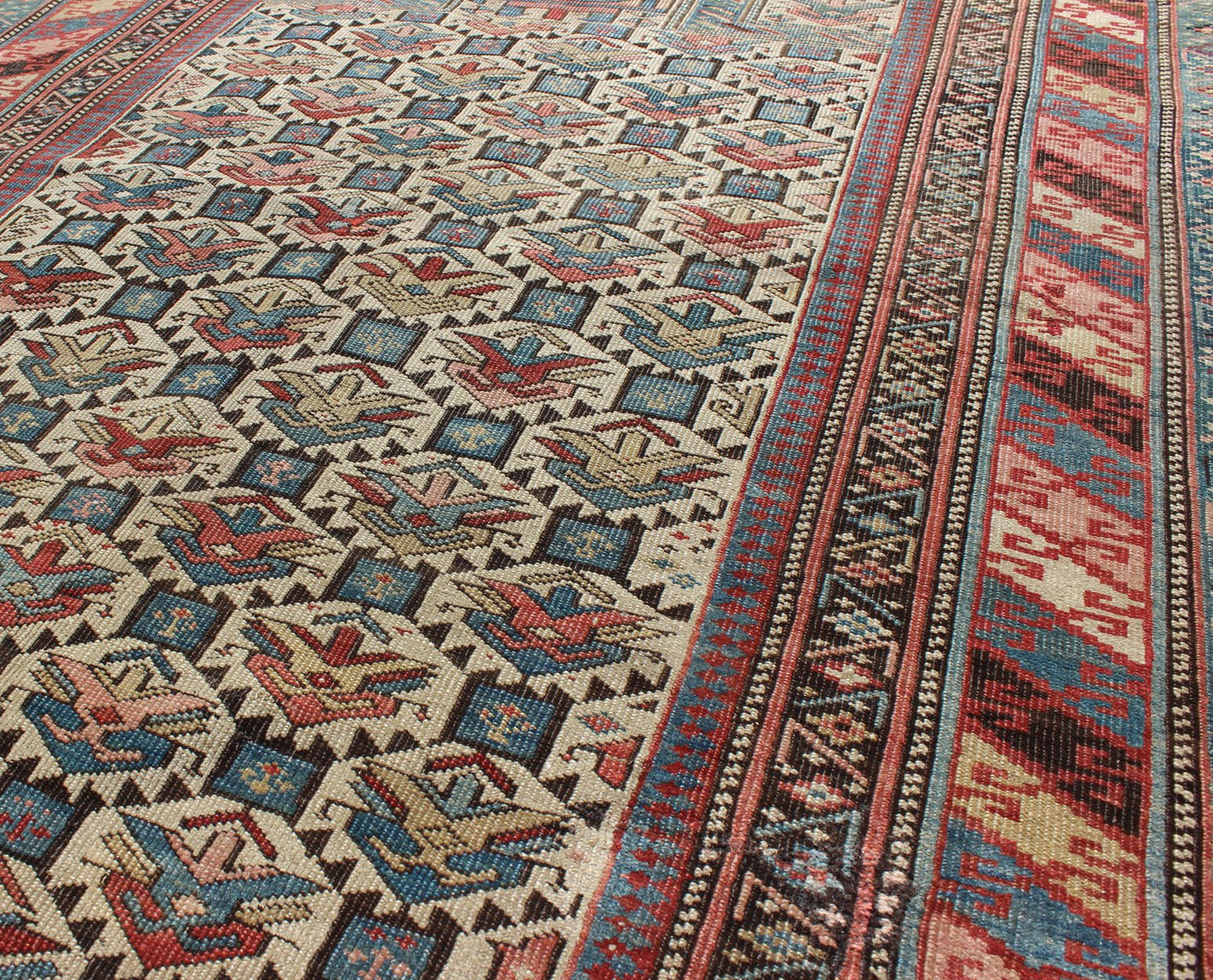 Antique Caucasian Fine Shirvan Rug in Ivory Background & Multi Colors. Country of Origin: Caucasus; Type: Shirvan; Design: All - Over, Geometric, Crest; Keivan Woven Arts: rug 13 - 0802; Caucasian Rug, Shirvan Caucasian Measures: 3'10 x 4'10 This fin... - Keivan Woven Arts13 - 0802 - 4772Rug