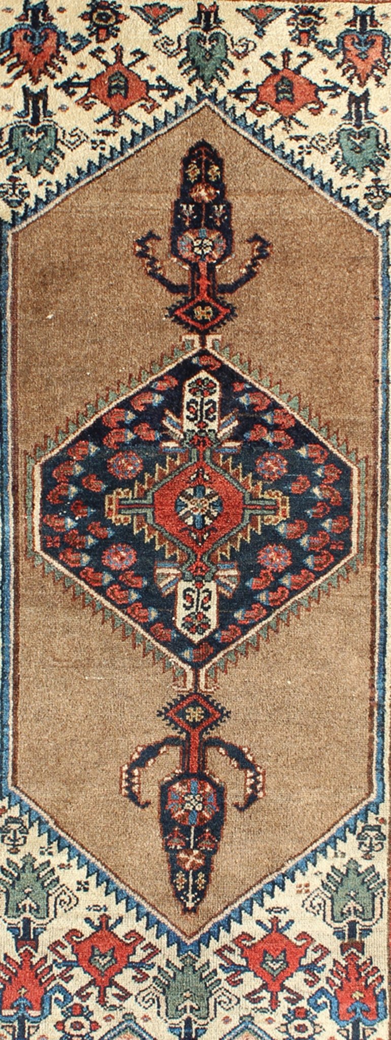 Antique Persian Serab rug with stretched tribal medallion in camel, blue, ivory and red, rug m14 - 0506, country of origin / type: Iran / Serab, circa 1900 This early 20th century, handwoven antique Persian Serab rug features a camel - colored field... - Keivan Woven Arts13 - 0906 - 4790Rug