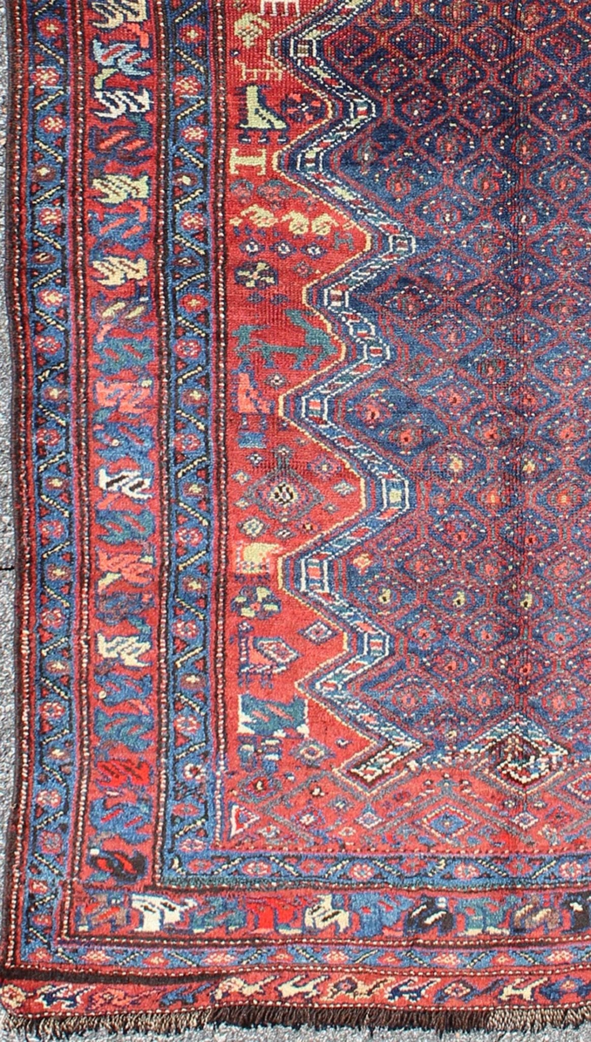 Red and Blue Antique N.W. Persian Rug with Zig - Zag Field and Tribal Motifs, rug 13 - 0913, country of origin / type: Iran / N.W. Persian, circa 1900 This antique early - 20th century Northwest Persian runner features a deep blue background with zig - ... - Keivan Woven Arts13 - 0913 - 4802Rug