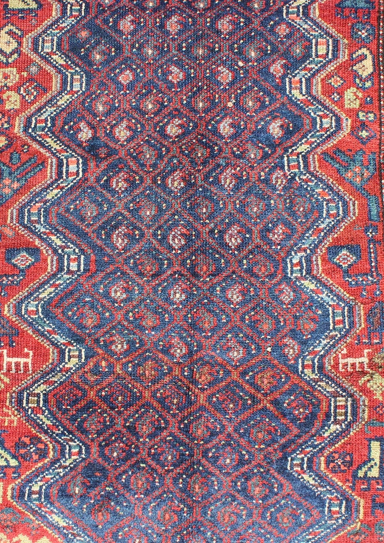 Red and Blue Antique N.W. Persian Rug with Zig - Zag Field and Tribal Motifs, rug 13 - 0913, country of origin / type: Iran / N.W. Persian, circa 1900 This antique early - 20th century Northwest Persian runner features a deep blue background with zig - ... - Keivan Woven Arts13 - 0913 - 4802Rug