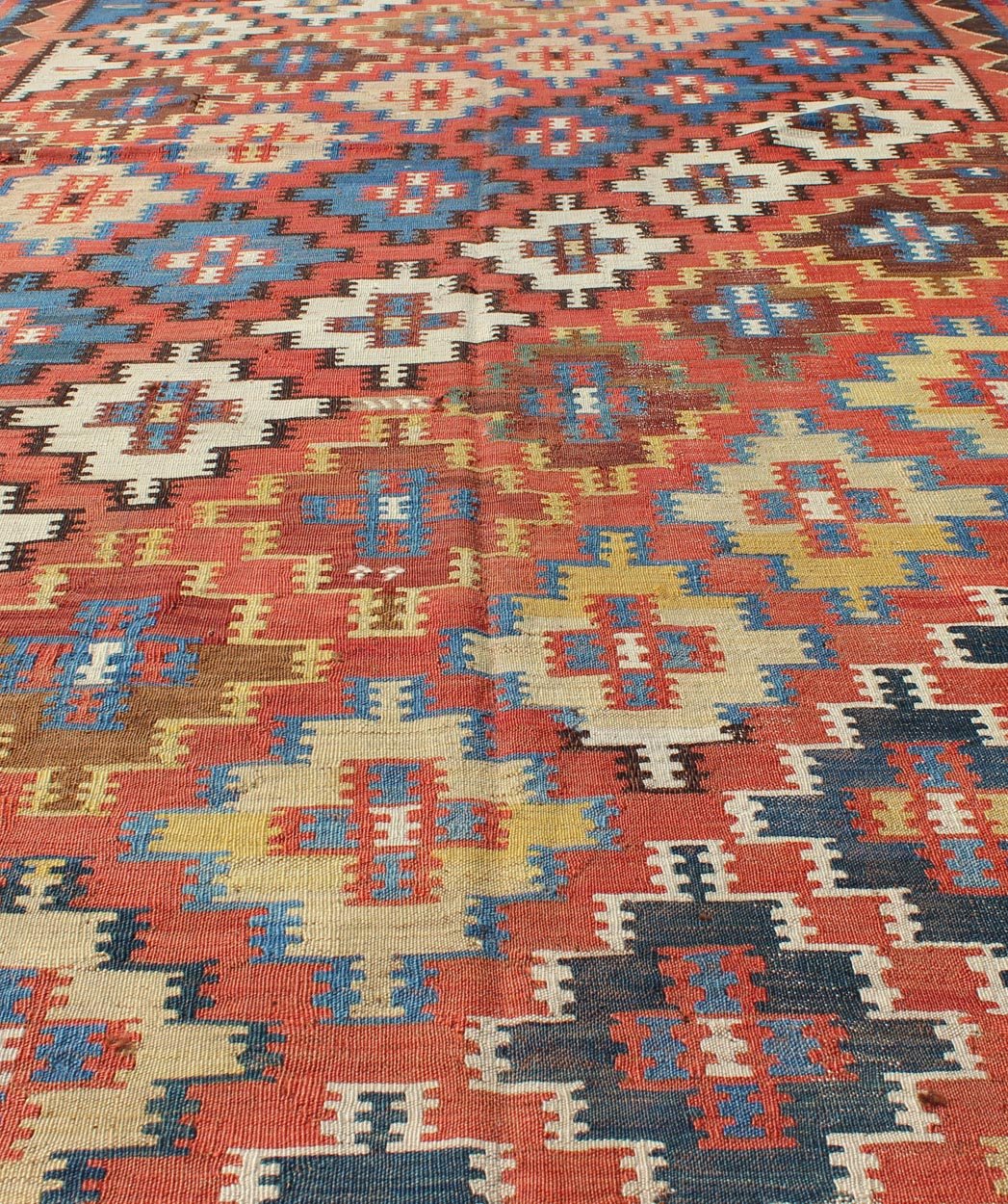 Antique Caucasian Kuba Kilim with All - Over Diamond Design in Rust & Blue Colors Antique Caucasian Kuba Kilim, rug 13 - 0919, country of origin / type: Caucasus / Kilim, circa Early - 20th Century. Measures: 4'8 x 9'3. This colorful ant... - Keivan Woven Arts13 - 0919 - 4808Rug