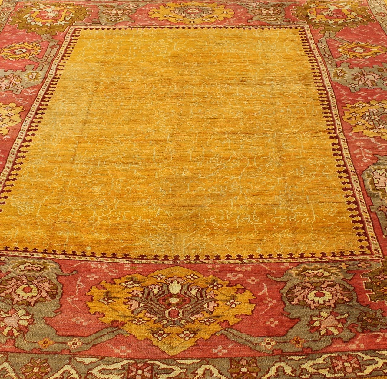 Antique Turkish Oushak rug in gold background, Rose Border & Green Antique Turkish Oushak, Keivan Woven Arts / rug /13 - 1002, country of origin / type: Turkey / Oushak, circa 1890 Measure: 9'6 x 11'10 This beautiful Oushak from the... - Keivan Woven Arts13 - 1002 - 5142Rug