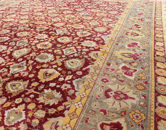 Keivan Woven Arts, Elegant Antique Indian Agra Rug in Maroon Red Background and Gray Green Border. Kwarugs /13 - 1105. Antique Agra. Antique Amritsar. Antique Indian Rugs. Antique Mughal carpet. Elegant Antique 19th Century Indian Agra rug in Maroon... - Keivan Woven Arts13 - 1105 - 5168