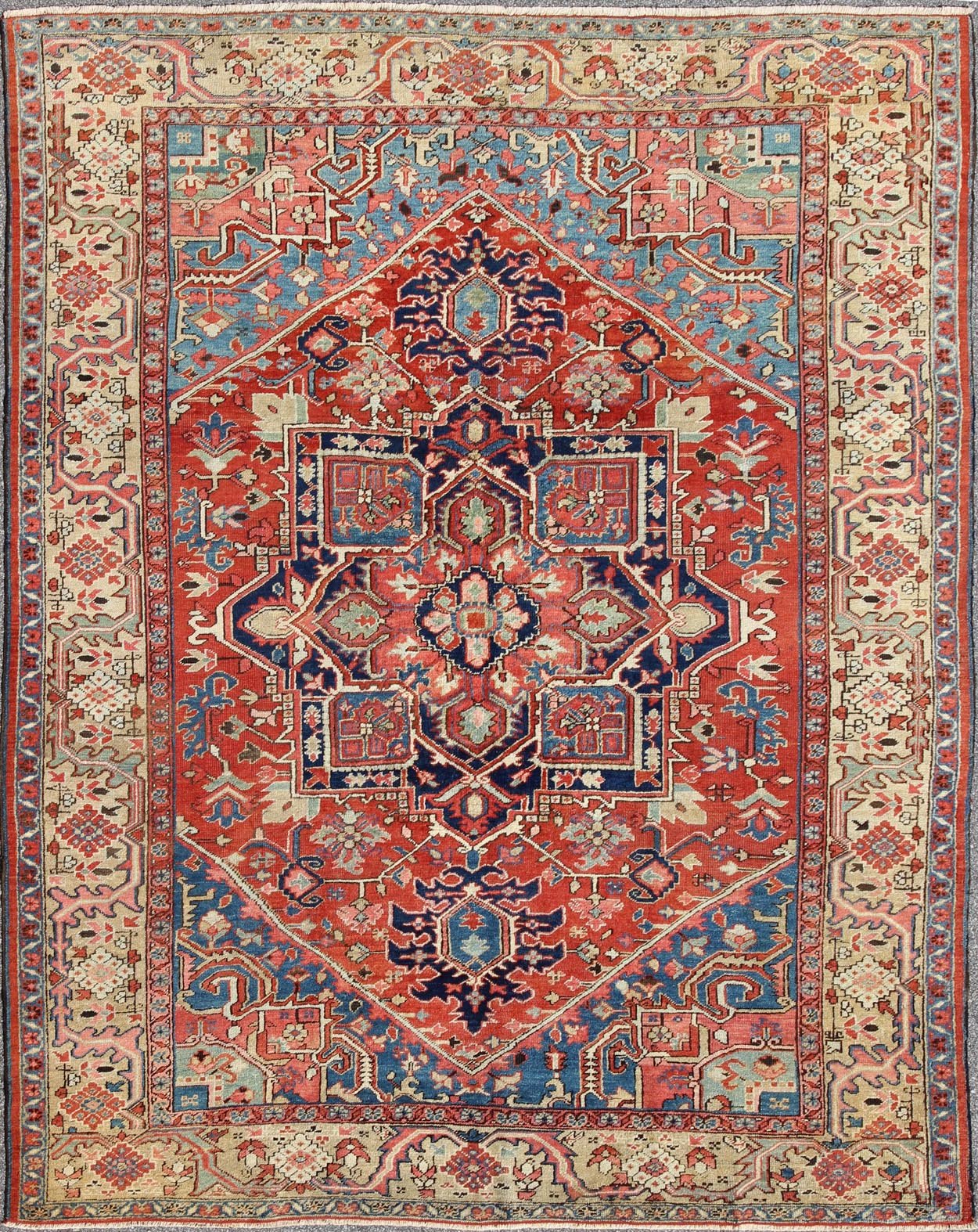 Antique Persian Serapi Rug with Geometric Central Medallion and Colorful Design. Keivan Woven Arts / Rug / 16 - 0305, country of origin / type: Iran /Heriz, circa 1910 Measures: 10' x 12'. This magnificent antique Persian Serapi carpet from the ear... - Keivan Woven Arts16 - 0305 - 8649Rug