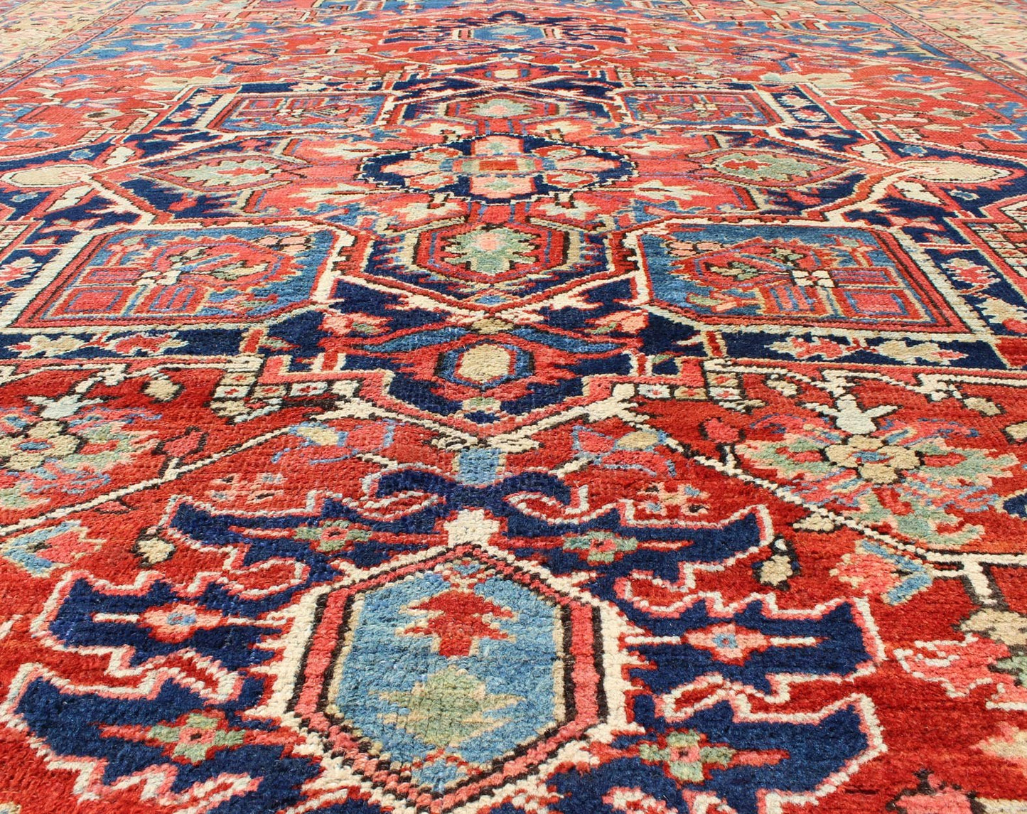 Antique Persian Serapi Rug with Geometric Central Medallion and Colorful Design. Keivan Woven Arts / Rug / 16 - 0305, country of origin / type: Iran /Heriz, circa 1910 Measures: 10' x 12'. This magnificent antique Persian Serapi carpet from the ear... - Keivan Woven Arts16 - 0305 - 8649Rug