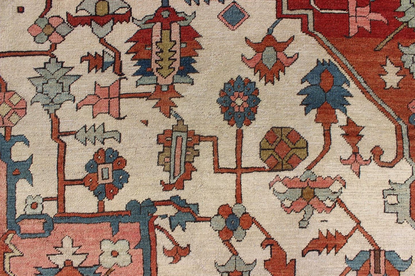 Antique Persian Serapi rug insquared shape with colors ivory, salmon pink, brick red. keivan Woven Arts / rug 16 - 0608, country of origin / type: Iran / Serapi, circa 1880. Measures: 11'5 x 13'10 Serapi rugs are known as the finest rugs produced ... - Keivan Woven Arts16 - 0608 - 8672Rug