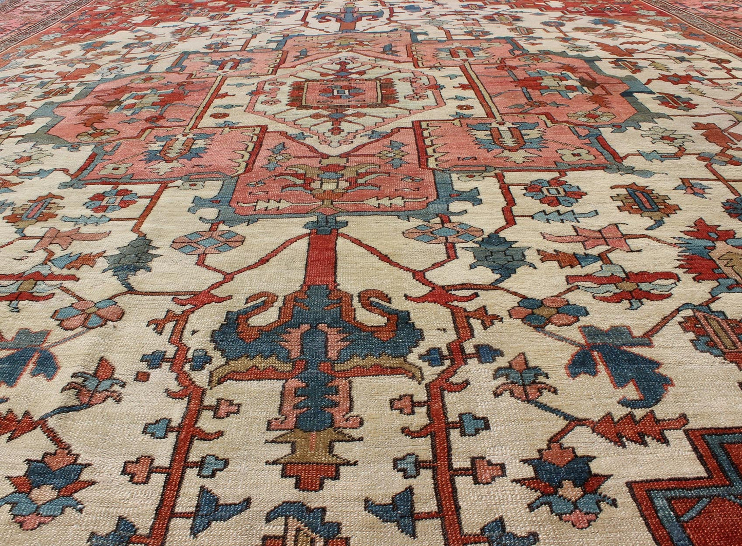 Antique Persian Serapi rug insquared shape with colors ivory, salmon pink, brick red. keivan Woven Arts / rug 16 - 0608, country of origin / type: Iran / Serapi, circa 1880. Measures: 11'5 x 13'10 Serapi rugs are known as the finest rugs produced ... - Keivan Woven Arts16 - 0608 - 8672Rug