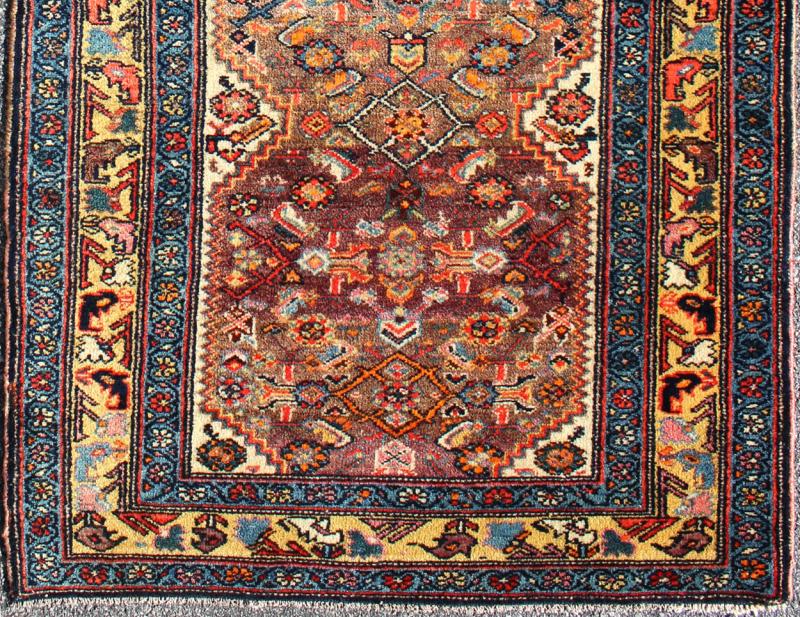 Antique Persian Fine Persian Malayer Short Runner in Great Condition , 16 - 0920, This colorful piece features a gradient coral and purple field decorated with navy blue lattice work and stylized boteh and floral elements. A beautifully drawn reciprocal ... - Keivan Woven Arts16 - 0920 - 8106Rug