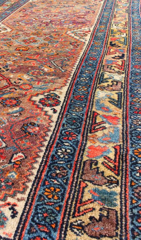 Antique Persian Fine Persian Malayer Short Runner in Great Condition , 16 - 0920, This colorful piece features a gradient coral and purple field decorated with navy blue lattice work and stylized boteh and floral elements. A beautifully drawn reciprocal ... - Keivan Woven Arts16 - 0920 - 8106Rug