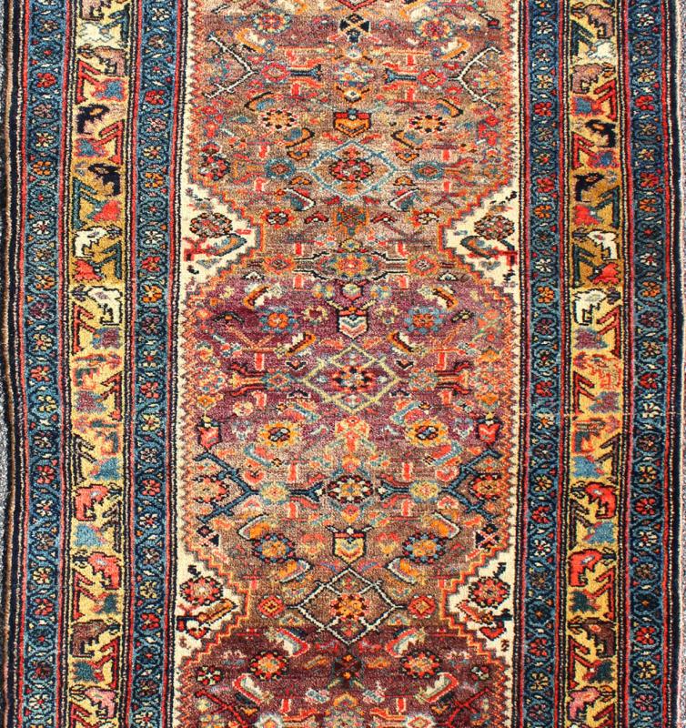 Antique Persian Fine Persian Malayer Short Runner in Great Condition , 16 - 0920, This colorful piece features a gradient coral and purple field decorated with navy blue lattice work and stylized boteh and floral elements. A beautifully drawn reciprocal ... - Keivan Woven Arts16 - 0920 - 8106Rug
