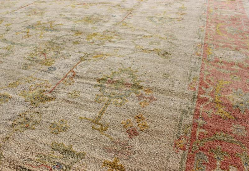 Antique Spanish Large Rug in Ivory Background, Green and Coral Border, kwarugs / 16 - 0923, This magnificent Spanish carpet from the mid - 20th century, with its stunning array of colors, is characterized by a design of elegant beauty. The colorful pattern... - Keivan Woven Arts16 - 0923 - 8121Rug