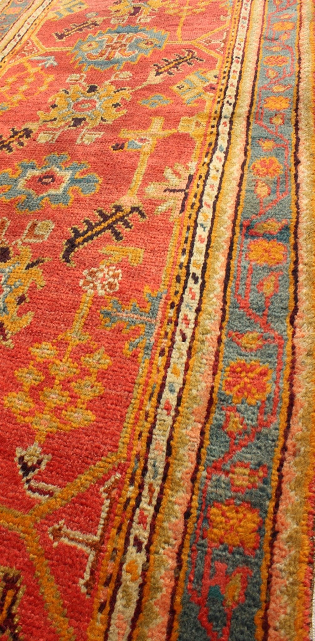 Red and tan and multi colors antique Turkish Oushak runner with sub - geometric tribal motifs, rug 16 - 1002, country of origin / type: Turkey / Oushak, circa 1910 This antique Oushak runner features a unique blend of cheerful colors and an intricat... - Keivan Woven Arts16 - 1002 - 8694Rug