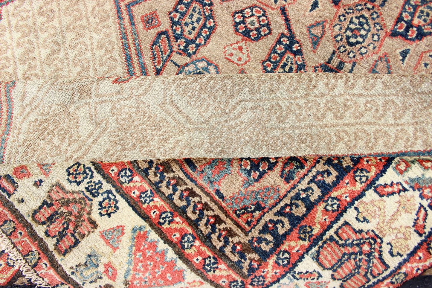 Antique Persian Serab Runner with Tribal Geometric Pattern in Camel, Red & Blue This beautiful antique late 19th Century Persian Serab runner rests on a camel background, which surrounds the three diamond medallions of alternating ivory, red, an... - Keivan Woven Arts16 - 1101 - 8211Rug