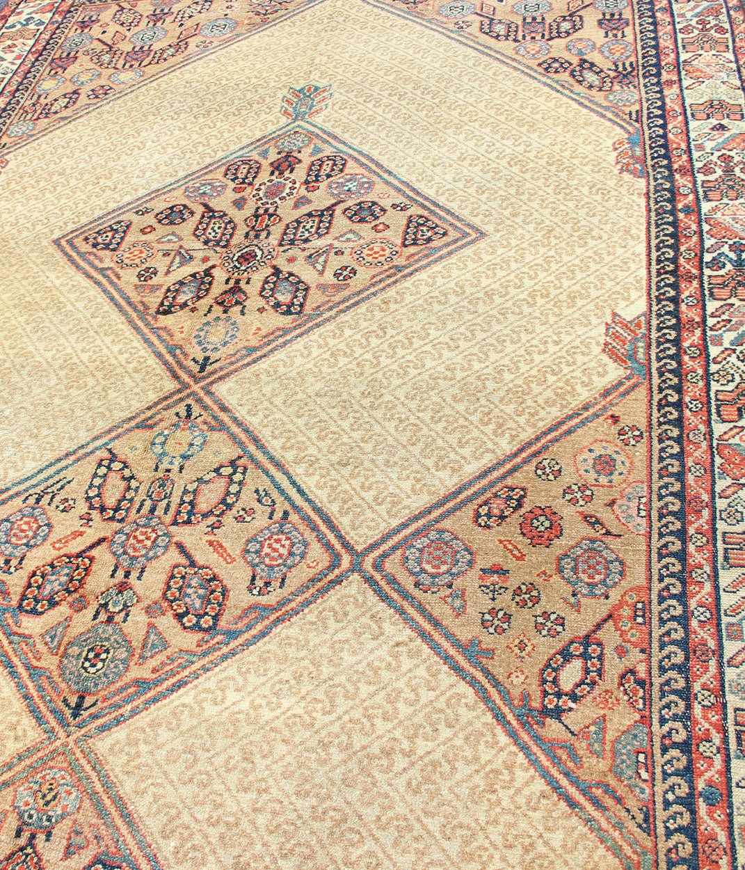 Antique Persian Serab Runner with Tribal Geometric Pattern in Camel, Red & Blue This beautiful antique late 19th Century Persian Serab runner rests on a camel background, which surrounds the three diamond medallions of alternating ivory, red, an... - Keivan Woven Arts16 - 1101 - 8211Rug
