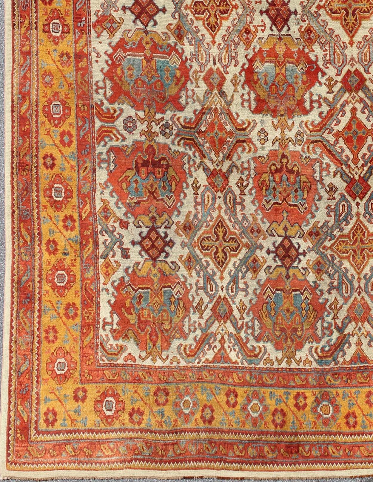 Antique Turkish Oushak Rug with Multi - Medallions in Ivory, Orange, Red & Blue Antique Turkish Oushak Rug with Multi - Medallions in Ivory, Orange, Red & Blue and gray, rug 17 - 0202, country of origin / type: Turkey / Oushak, circa 1900 Mea... - Keivan Woven Arts17 - 0202 - 8718Rug