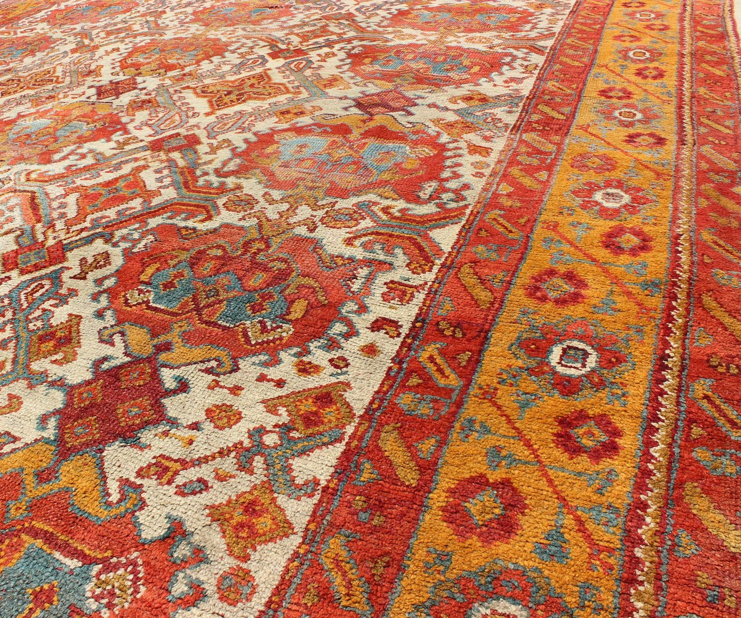 Antique Turkish Oushak Rug with Multi - Medallions in Ivory, Orange, Red & Blue Antique Turkish Oushak Rug with Multi - Medallions in Ivory, Orange, Red & Blue and gray, rug 17 - 0202, country of origin / type: Turkey / Oushak, circa 1900 Mea... - Keivan Woven Arts17 - 0202 - 8718Rug