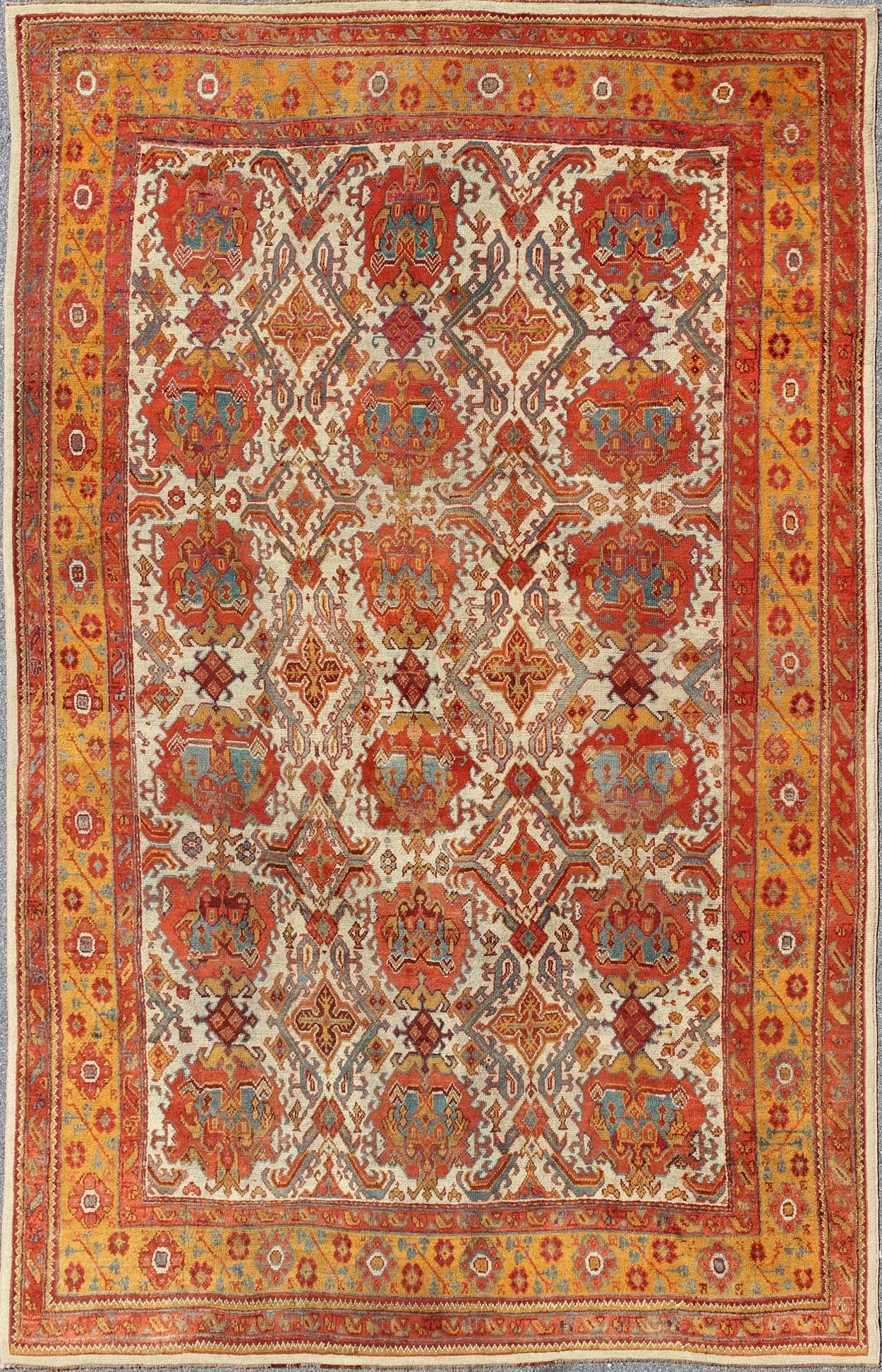 Antique Turkish Oushak Rug with Multi - Medallions in Ivory, Orange, Red & Blue Antique Turkish Oushak Rug with Multi - Medallions in Ivory, Orange, Red & Blue and gray, rug 17 - 0202, country of origin / type: Turkey / Oushak, circa 1900 Mea... - Keivan Woven Arts17 - 0202 - 8718Rug