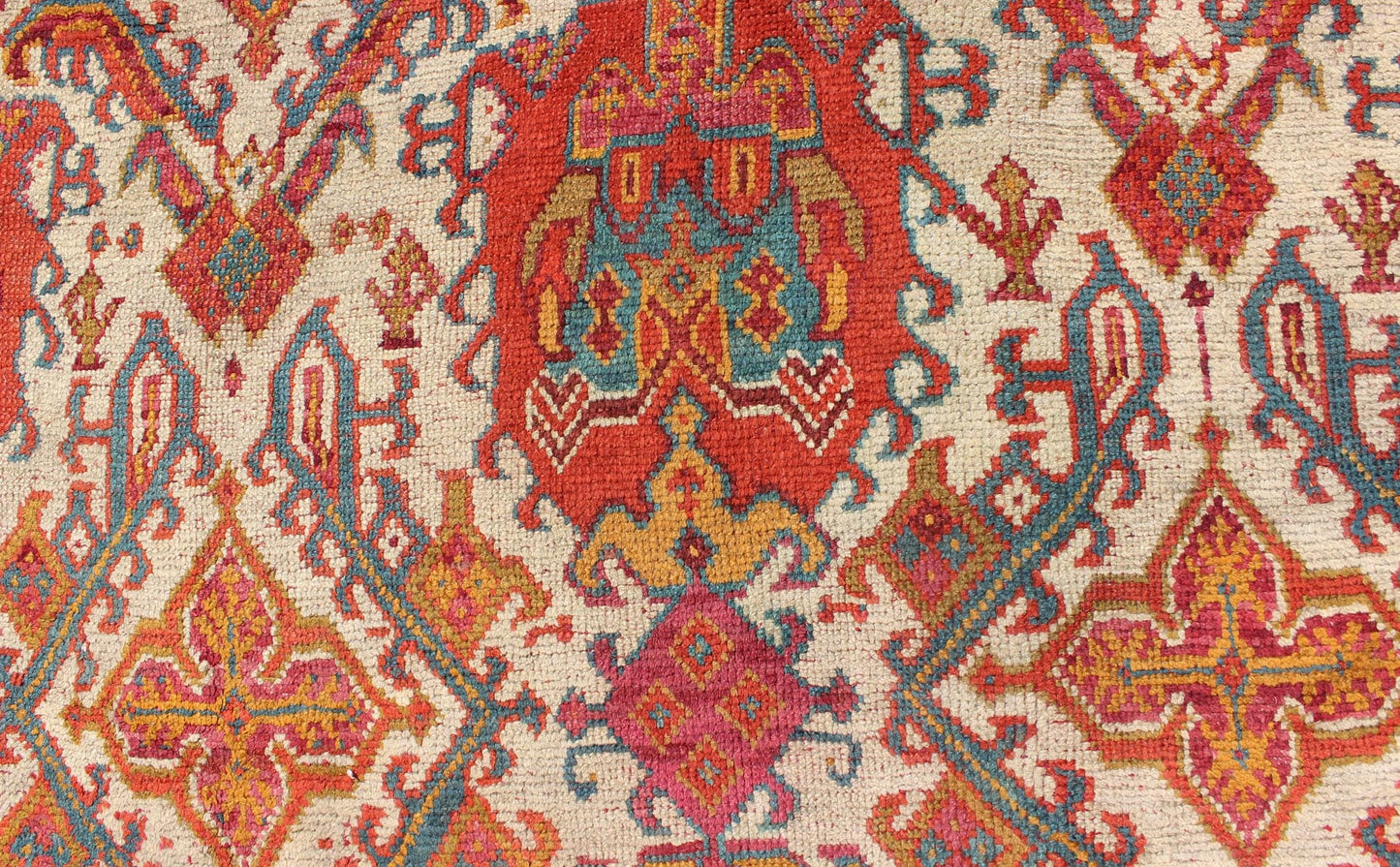 Antique Turkish Oushak Rug with Multi - Medallions in Ivory, Orange, Red & Blue Antique Turkish Oushak Rug with Multi - Medallions in Ivory, Orange, Red & Blue and gray, rug 17 - 0202, country of origin / type: Turkey / Oushak, circa 1900 Mea... - Keivan Woven Arts17 - 0202 - 8718Rug