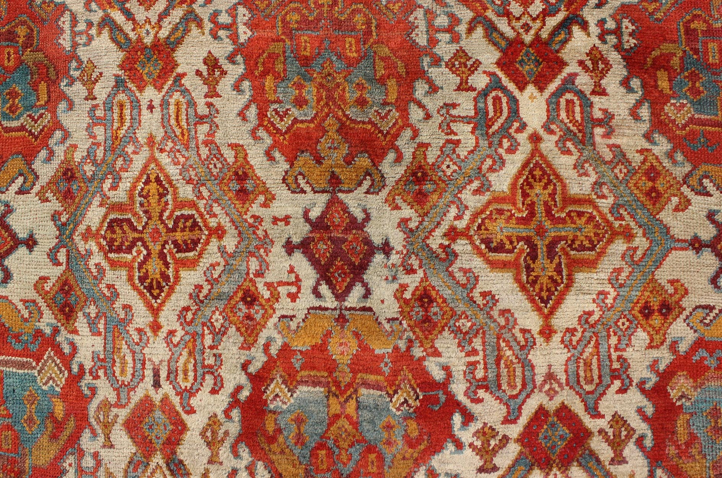 Antique Turkish Oushak Rug with Multi - Medallions in Ivory, Orange, Red & Blue Antique Turkish Oushak Rug with Multi - Medallions in Ivory, Orange, Red & Blue and gray, rug 17 - 0202, country of origin / type: Turkey / Oushak, circa 1900 Mea... - Keivan Woven Arts17 - 0202 - 8718Rug