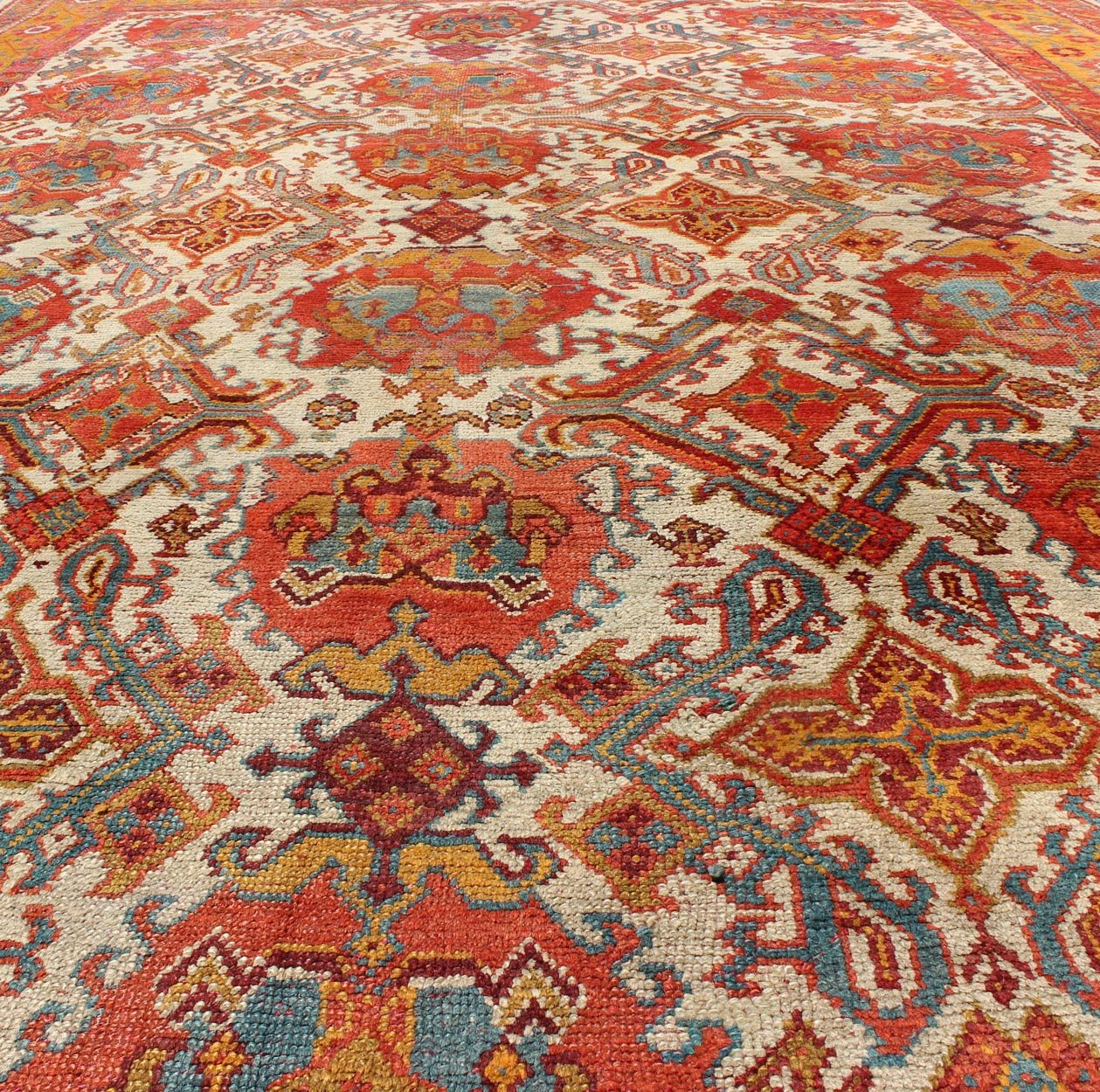Antique Turkish Oushak Rug with Multi - Medallions in Ivory, Orange, Red & Blue Antique Turkish Oushak Rug with Multi - Medallions in Ivory, Orange, Red & Blue and gray, rug 17 - 0202, country of origin / type: Turkey / Oushak, circa 1900 Mea... - Keivan Woven Arts17 - 0202 - 8718Rug