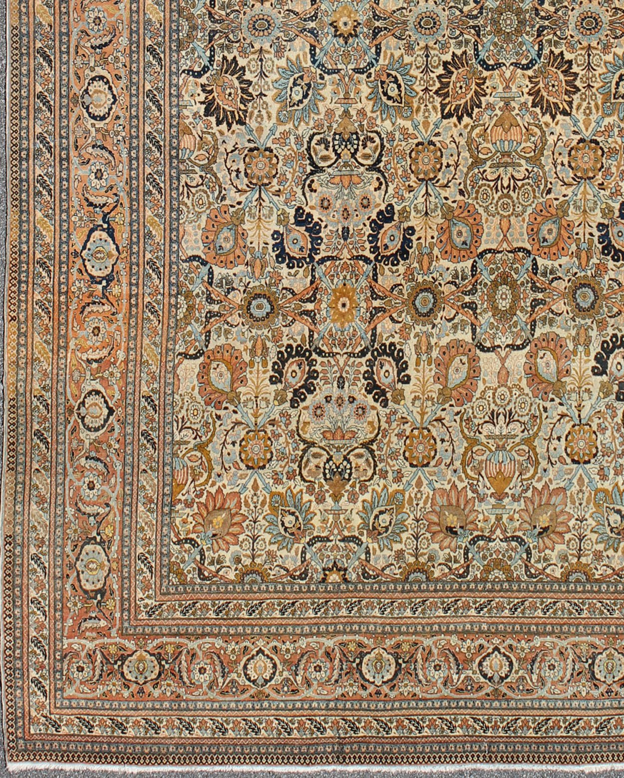 Very Fine colorful Antique Persian Tabriz Haj Jalili Rug in Ivory Background. Extremely Finely woven and an exemplary Antique Persian Tabriz Haj Jalili Rug in Ivory Background and multi colors. Amazing condition. rug 17 - 0303, country of origin ... - Keivan Woven Arts17 - 0303 - 8449Rug