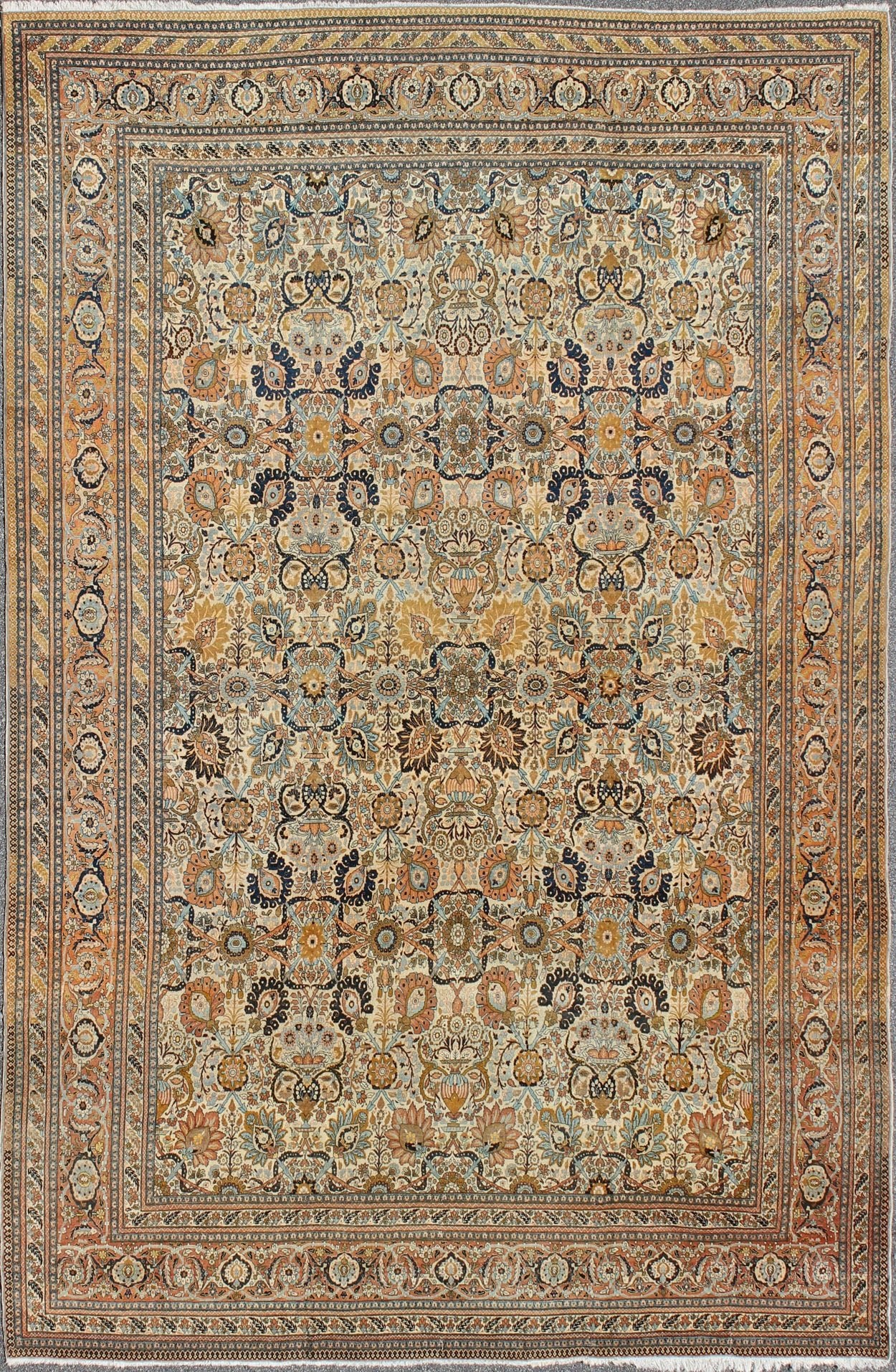 Very Fine colorful Antique Persian Tabriz Haj Jalili Rug in Ivory Background. Extremely Finely woven and an exemplary Antique Persian Tabriz Haj Jalili Rug in Ivory Background and multi colors. Amazing condition. rug 17 - 0303, country of origin ... - Keivan Woven Arts17 - 0303 - 8449Rug