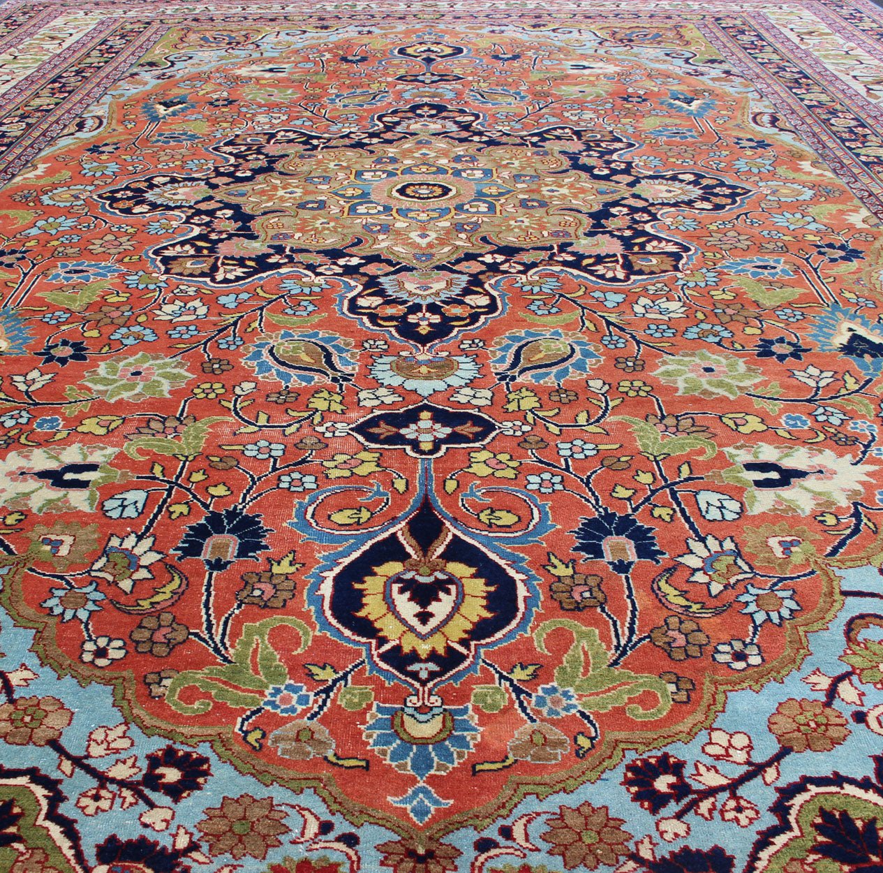 Finely woven antique Tabriz rug with circular, script - style medallion and orange field, Keivan Woven Arts/ rug / 17 - 0304. Classic Persian rug, traditional Persian rug, traditional Tabriz. Measures: 10'1 x 14'2 This spectacular and colorful Persia... - Keivan Woven Arts17 - 0304 - 8453Rug