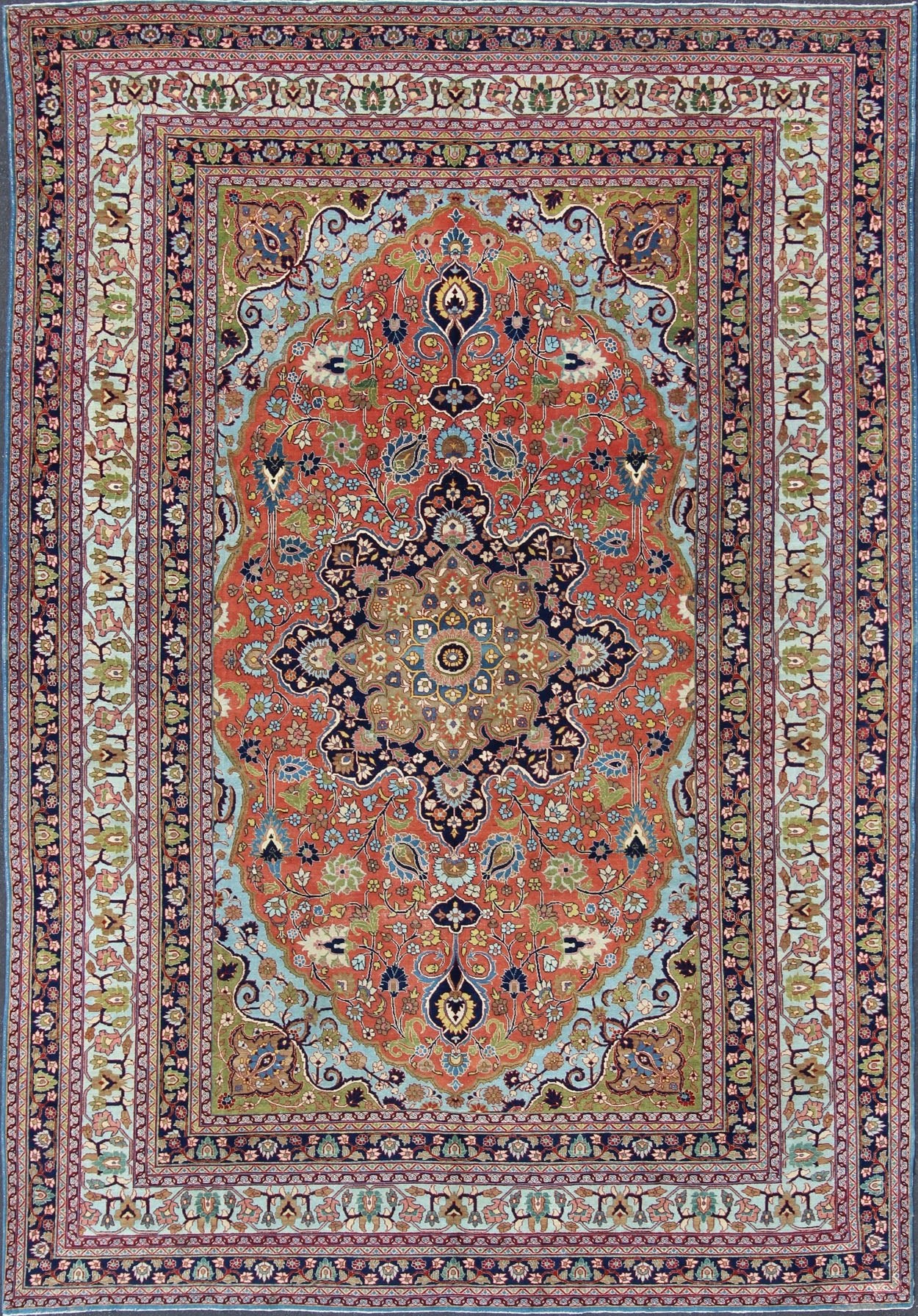 Finely woven antique Tabriz rug with circular, script - style medallion and orange field, Keivan Woven Arts/ rug / 17 - 0304. Classic Persian rug, traditional Persian rug, traditional Tabriz. Measures: 10'1 x 14'2 This spectacular and colorful Persia... - Keivan Woven Arts17 - 0304 - 8453Rug