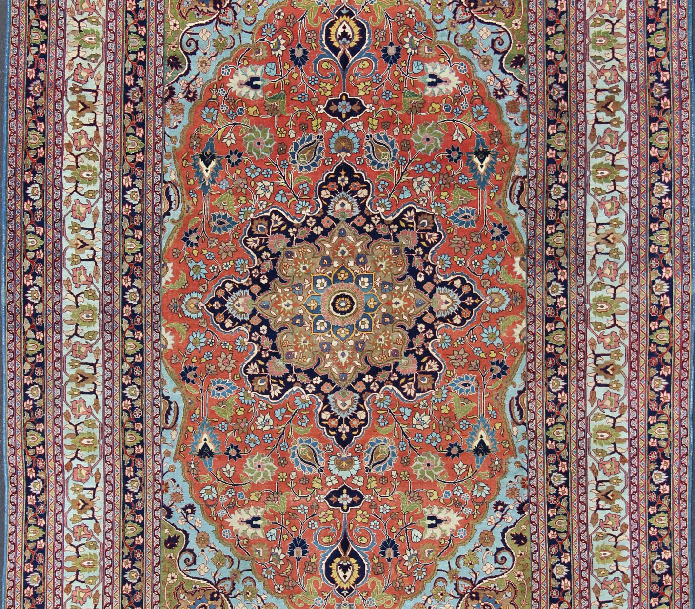 Finely woven antique Tabriz rug with circular, script - style medallion and orange field, Keivan Woven Arts/ rug / 17 - 0304. Classic Persian rug, traditional Persian rug, traditional Tabriz. Measures: 10'1 x 14'2 This spectacular and colorful Persia... - Keivan Woven Arts17 - 0304 - 8453Rug