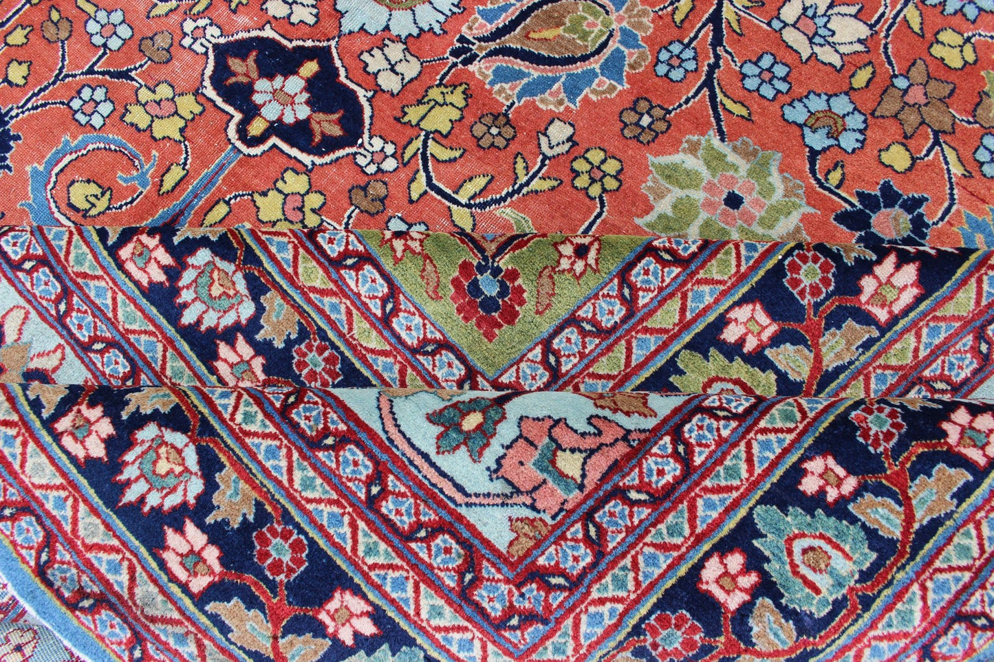 Finely woven antique Tabriz rug with circular, script - style medallion and orange field, Keivan Woven Arts/ rug / 17 - 0304. Classic Persian rug, traditional Persian rug, traditional Tabriz. Measures: 10'1 x 14'2 This spectacular and colorful Persia... - Keivan Woven Arts17 - 0304 - 8453Rug