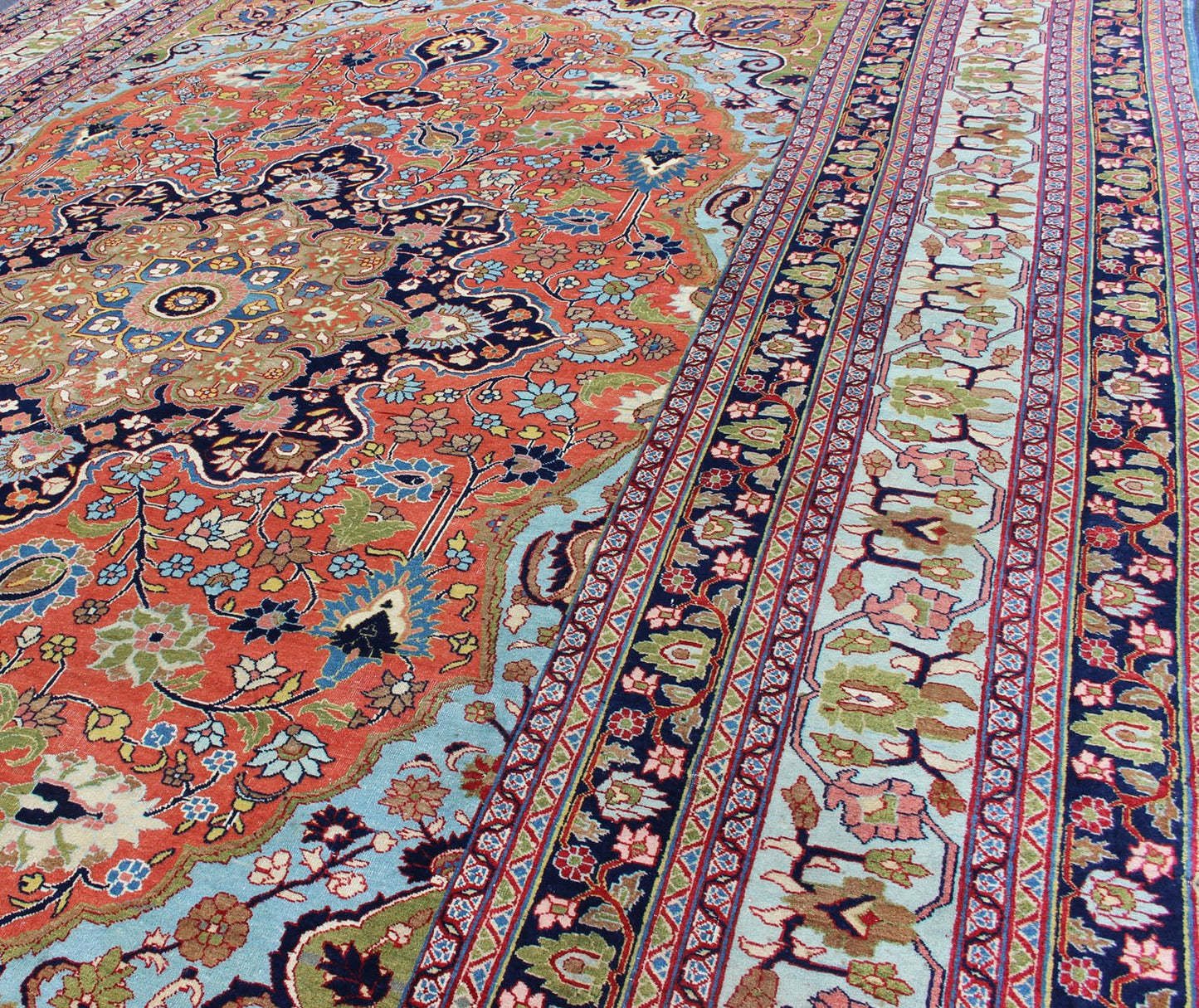 Finely woven antique Tabriz rug with circular, script - style medallion and orange field, Keivan Woven Arts/ rug / 17 - 0304. Classic Persian rug, traditional Persian rug, traditional Tabriz. Measures: 10'1 x 14'2 This spectacular and colorful Persia... - Keivan Woven Arts17 - 0304 - 8453Rug