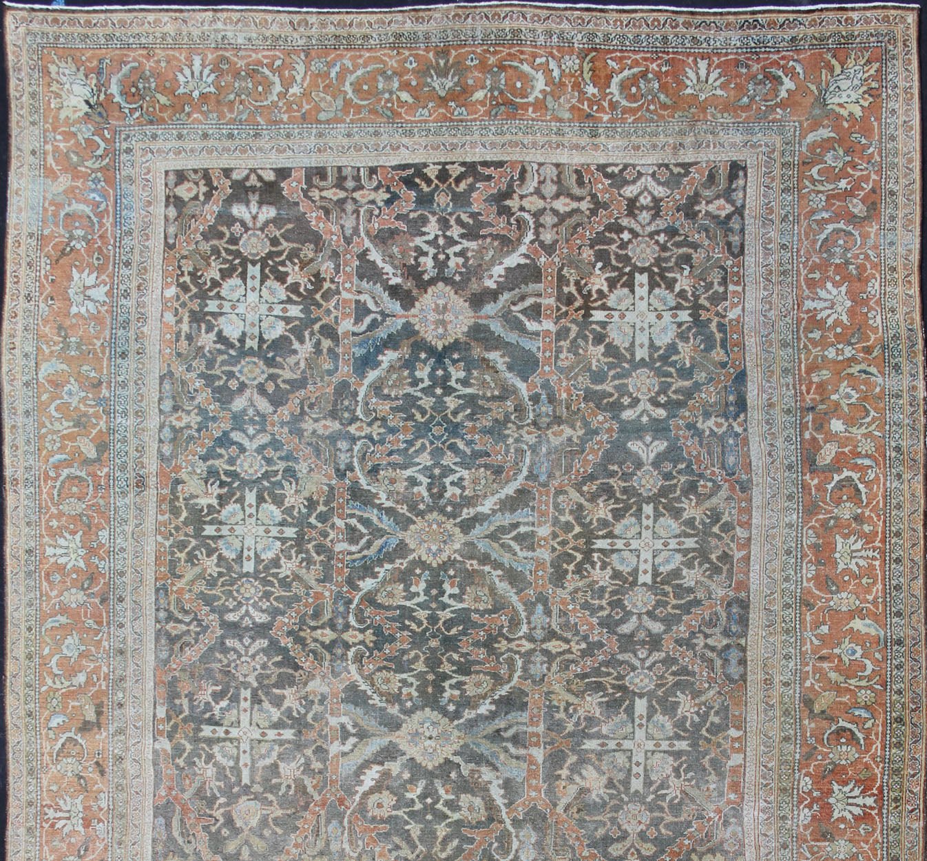 Very Large Distressed Antique Persian Sultanabad Rug in Gray, Charcoal, Burnt Orange, Acid Green Distressed antique Persian Mahal rug in charcoal, burnt orange, acid green, rug 17 - 0403, country of origin / type: Iran / Mahal, circa 1900 ... - Keivan Woven Arts17 - 0403 - 8587Rug