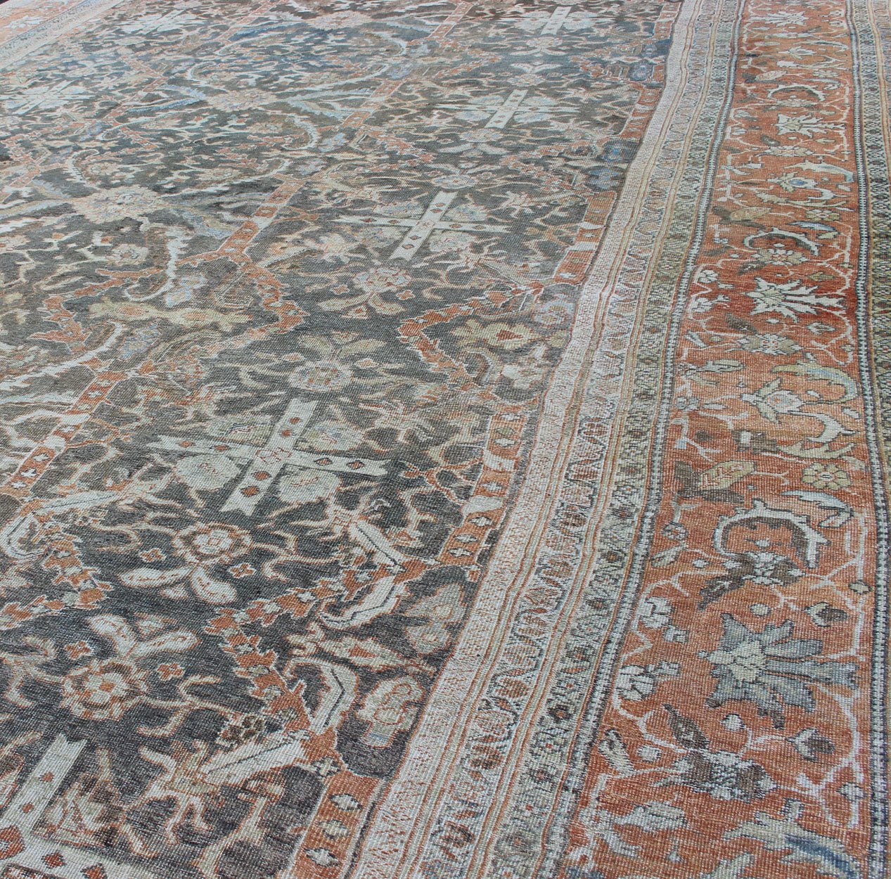 Very Large Distressed Antique Persian Sultanabad Rug in Gray, Charcoal, Burnt Orange, Acid Green Distressed antique Persian Mahal rug in charcoal, burnt orange, acid green, rug 17 - 0403, country of origin / type: Iran / Mahal, circa 1900 ... - Keivan Woven Arts17 - 0403 - 8587Rug