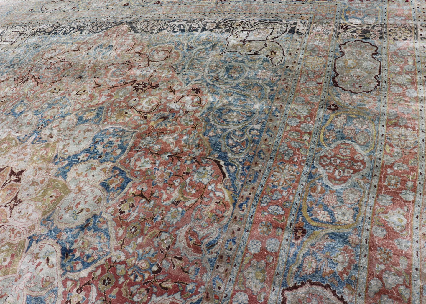 Large antique Persian Mashhad carpet with colorful floral and medallion design. Persian Mashhad floral design. Keivan Woven Arts / rug 17 - 0602, country of origin / type: Iran / Mashhad, circa 1930 Measures: 12'11 x 16'3 Soft to the touc... - Keivan Woven Arts17 - 0602 - 8563Rug