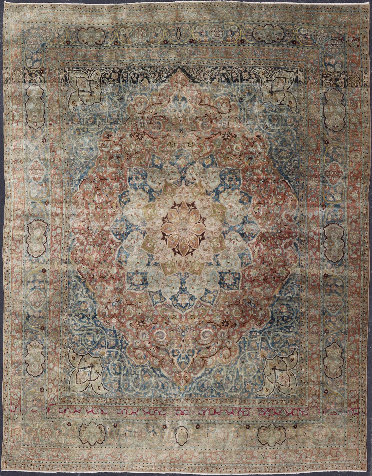 Large antique Persian Mashhad carpet with colorful floral and medallion design. Persian Mashhad floral design. Keivan Woven Arts / rug 17 - 0602, country of origin / type: Iran / Mashhad, circa 1930 Measures: 12'11 x 16'3 Soft to the touc... - Keivan Woven Arts17 - 0602 - 8563Rug