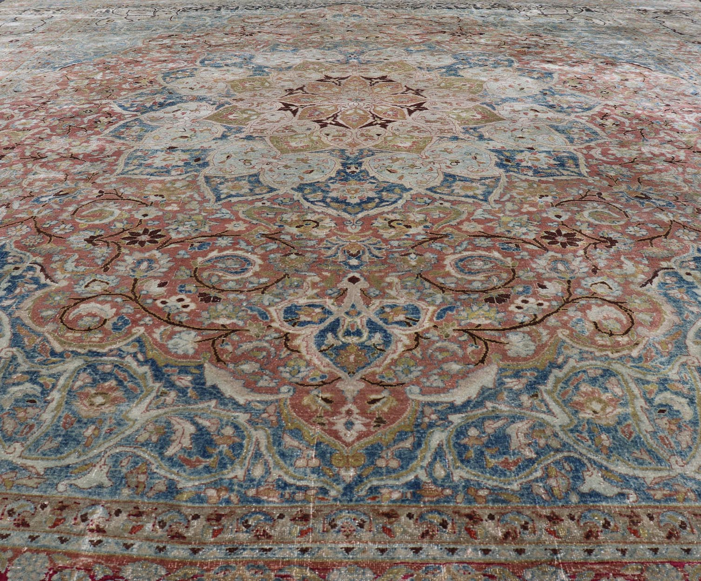 Large antique Persian Mashhad carpet with colorful floral and medallion design. Persian Mashhad floral design. Keivan Woven Arts / rug 17 - 0602, country of origin / type: Iran / Mashhad, circa 1930 Measures: 12'11 x 16'3 Soft to the touc... - Keivan Woven Arts17 - 0602 - 8563Rug