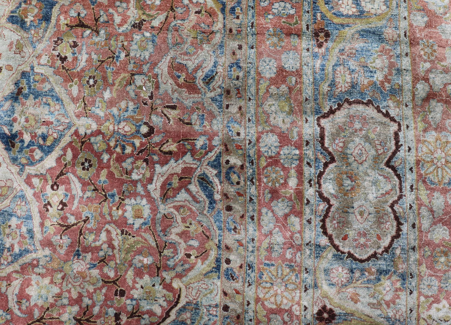 Large antique Persian Mashhad carpet with colorful floral and medallion design. Persian Mashhad floral design. Keivan Woven Arts / rug 17 - 0602, country of origin / type: Iran / Mashhad, circa 1930 Measures: 12'11 x 16'3 Soft to the touc... - Keivan Woven Arts17 - 0602 - 8563Rug