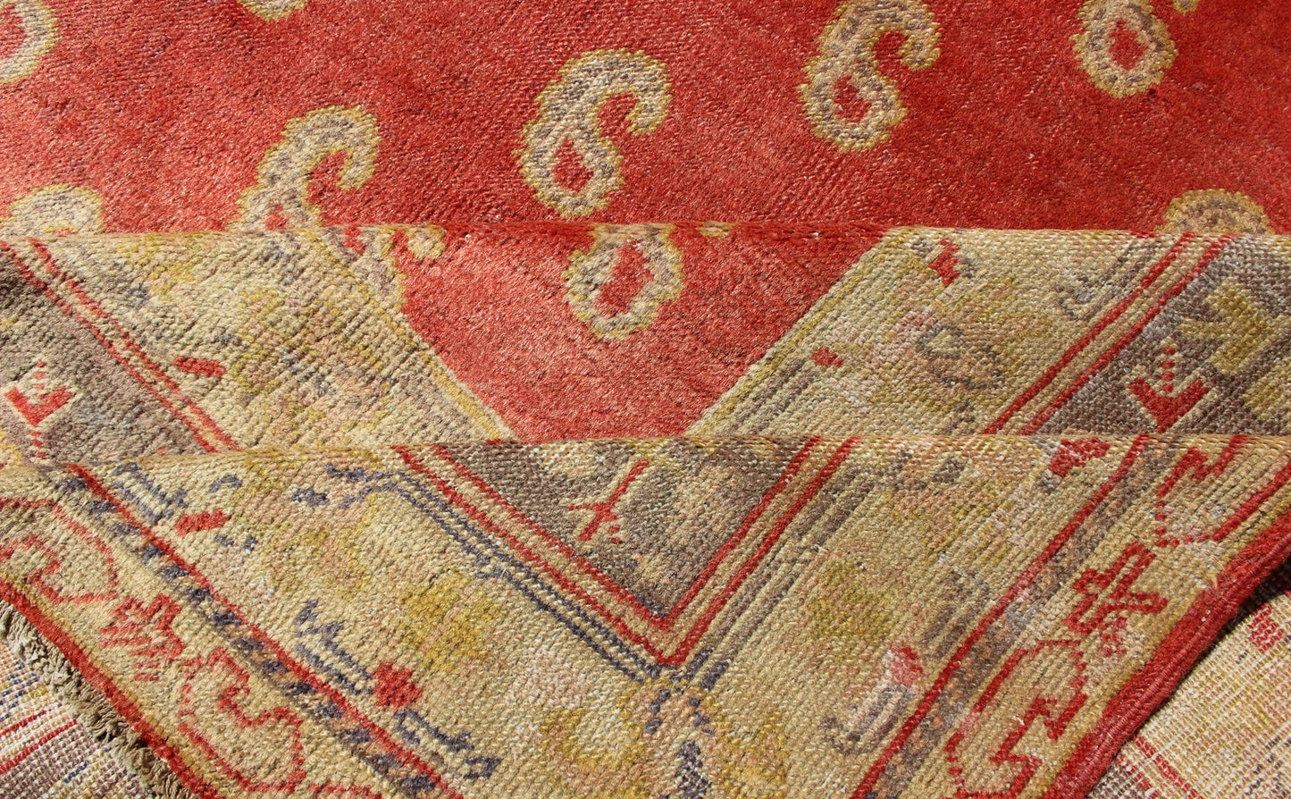 Antique Turkish Oushak Rug with All - Over Design with Red, Light Green and Gold. Antique Turkish Oushak rug with all - over design with red, light green and gold. Turkish Oushak antique carpet in red. Keivan Woven Arts / rug 17 - 0801, country of or... - Keivan Woven Arts17 - 0801 - 8851Rug