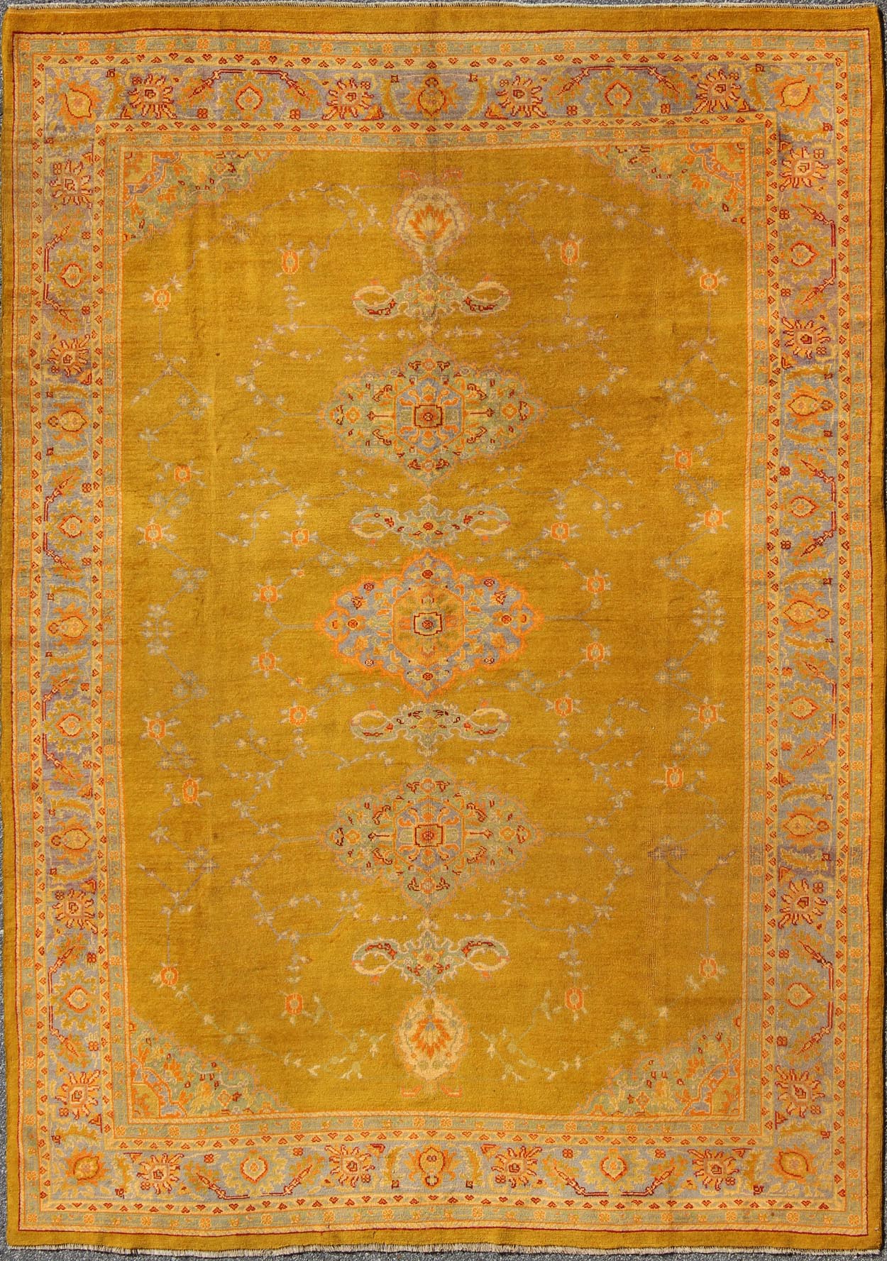 Fine Antique Burlu Oushak Rug in Saffron Gold, Gray Lavender, L. Green, Orange, red . Antique Turkish fine Oushak rug with Three Medallions in unique colors, Keivan Woven Arts/rug /17 - 1002, country of origin / type: Turkey / Oushak, Burlu Oushak, circa... - Keivan Woven Arts17 - 1002 - 8944Rug