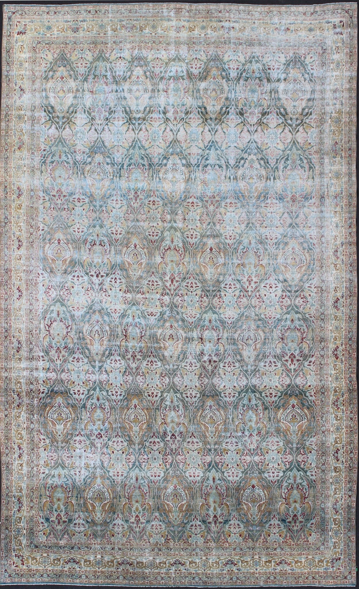 Very Large Antique Persian Distressed Lavar Kerman Rug In Large Scale Design. Very Large Antique finely woven Persian Lavar Kerman Rug In Large Scale Design. Large antique Persian Lavar Kerman distressed rug with large scale layered flowers in ... - Keivan Woven Arts17 - 1003 - 9232Rug
