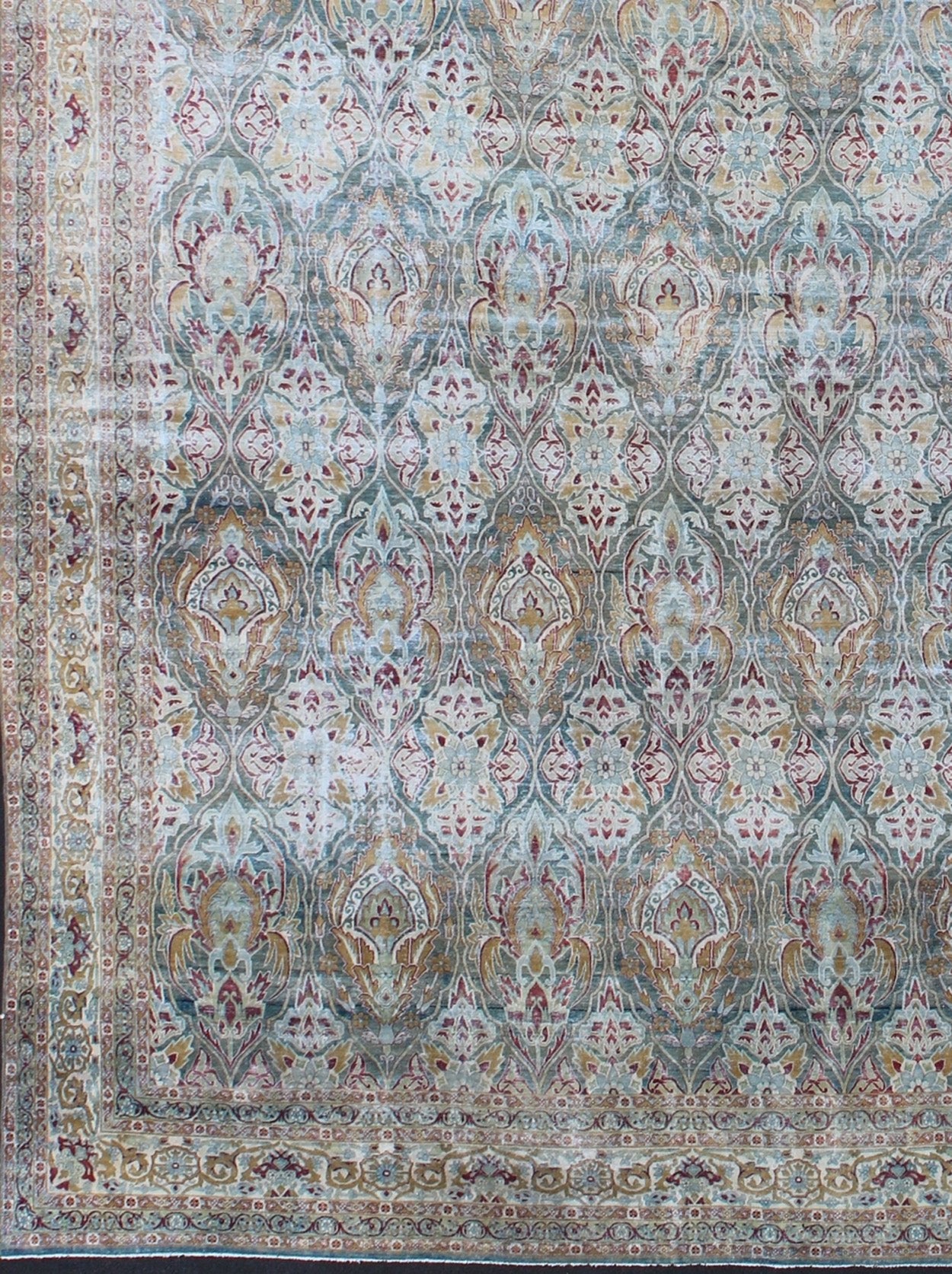 Very Large Antique Persian Distressed Lavar Kerman Rug In Large Scale Design. Very Large Antique finely woven Persian Lavar Kerman Rug In Large Scale Design. Large antique Persian Lavar Kerman distressed rug with large scale layered flowers in ... - Keivan Woven Arts17 - 1003 - 9232Rug